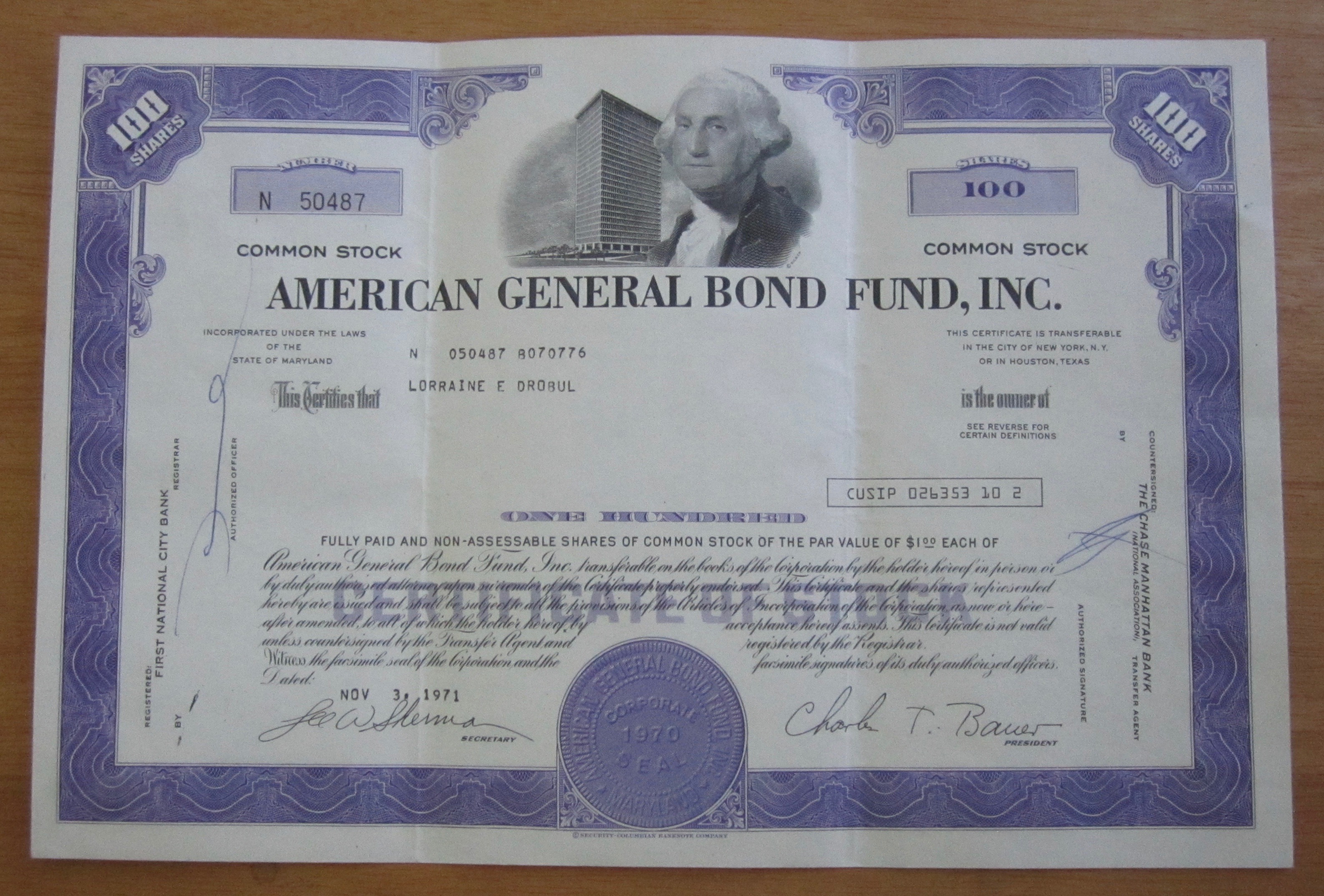 1971 American General Bond Fund Stock Certificate