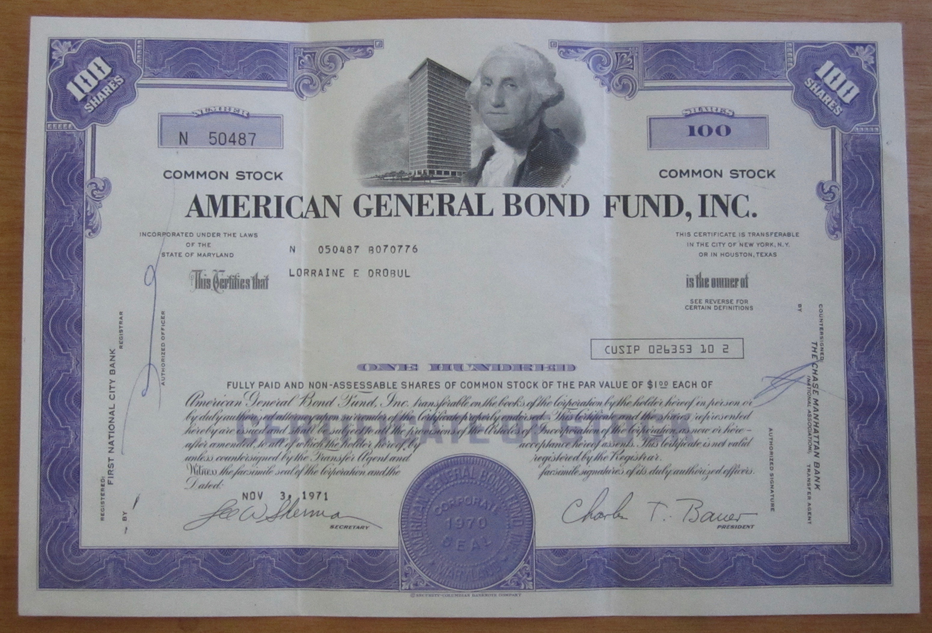 1971 American General Bond Fund Stock Certificate