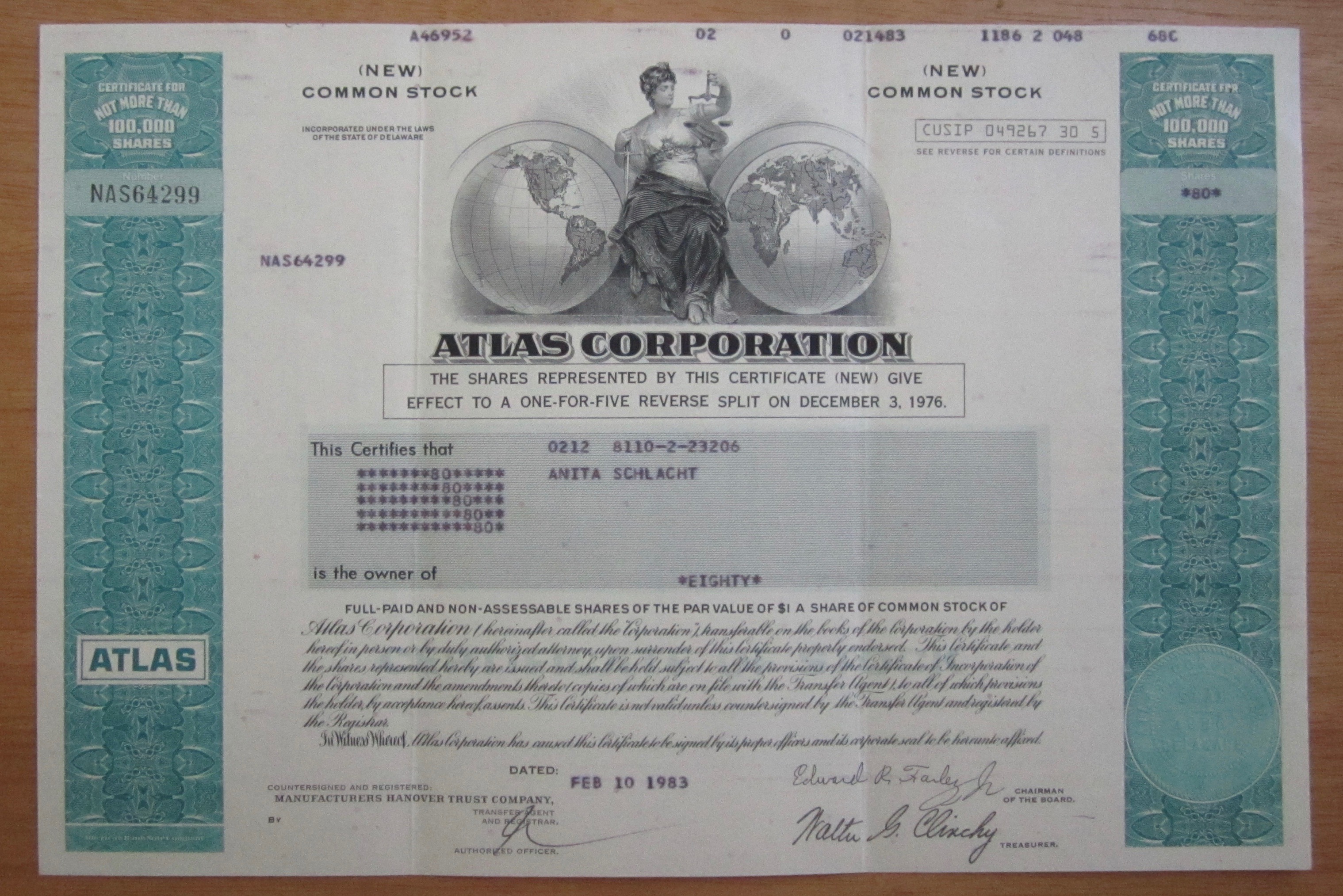 1983 Atlas Corporation Stock Certificate