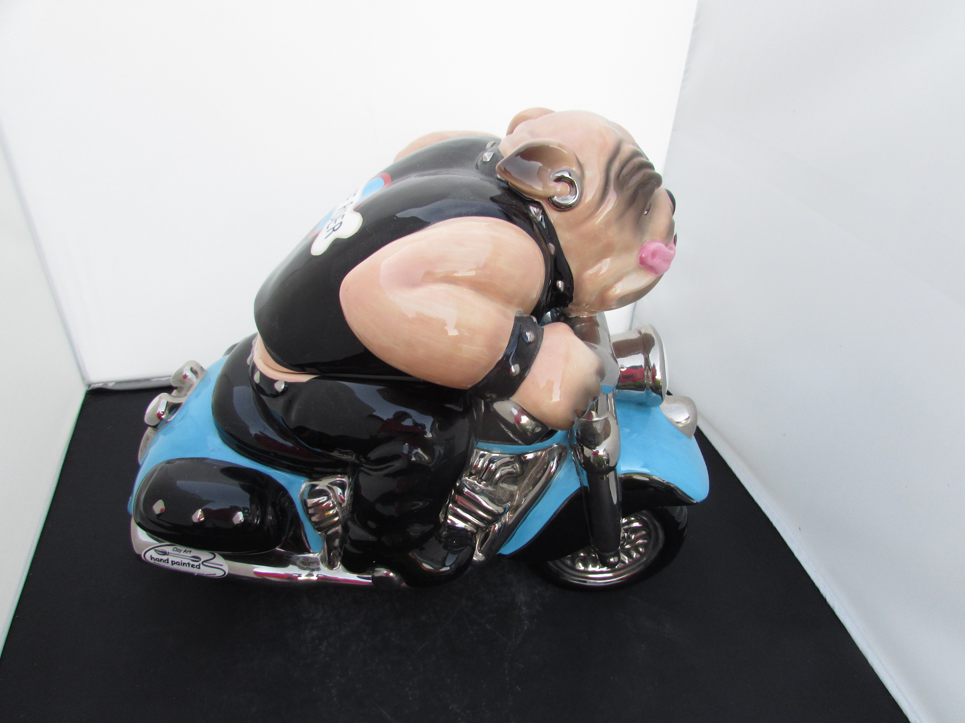 Clay Art Rough Rider Cookie Jar Bull Dog on Harley