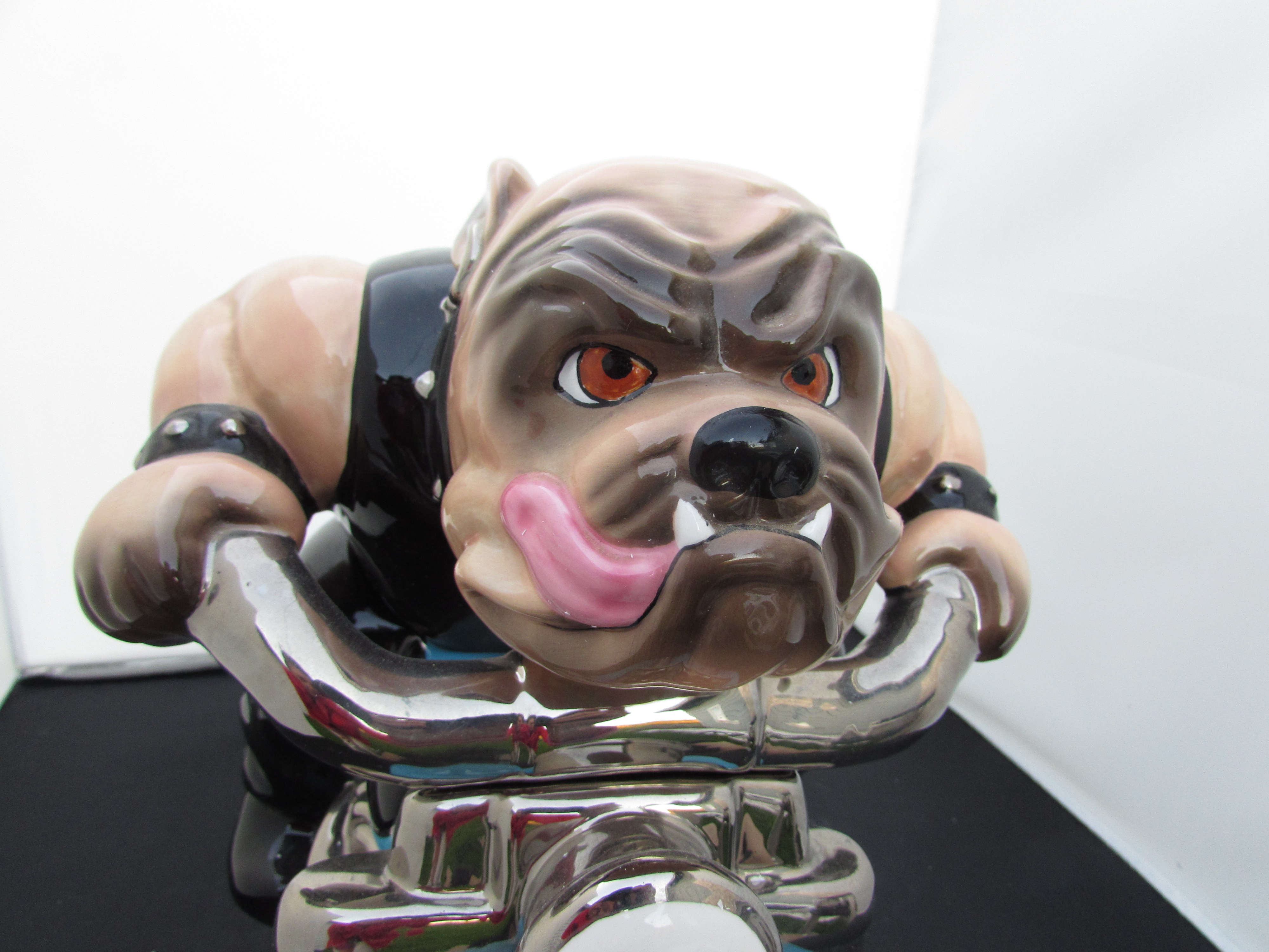 Clay Art Rough Rider Cookie Jar Bull Dog on Harley