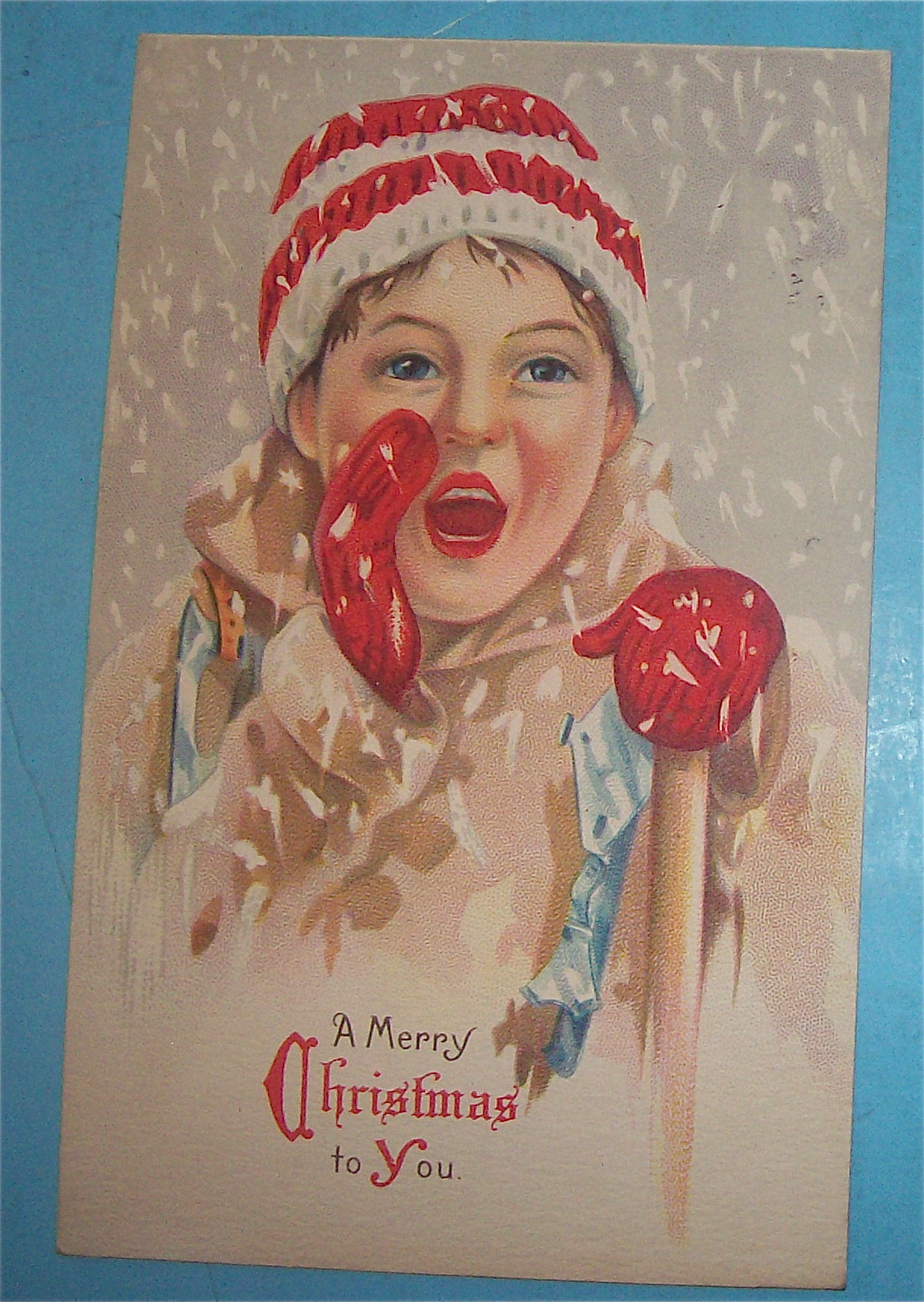 Christmas Greetings Postcard w/Young Child Shouting