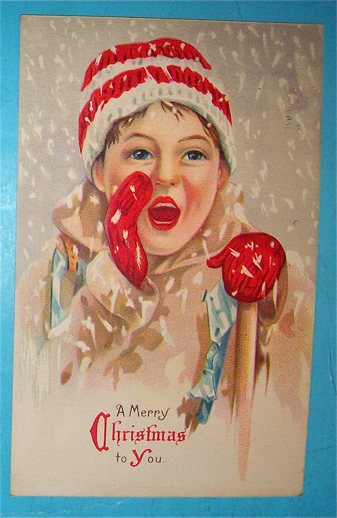 Christmas Greetings Postcard w/Young Child Shouting