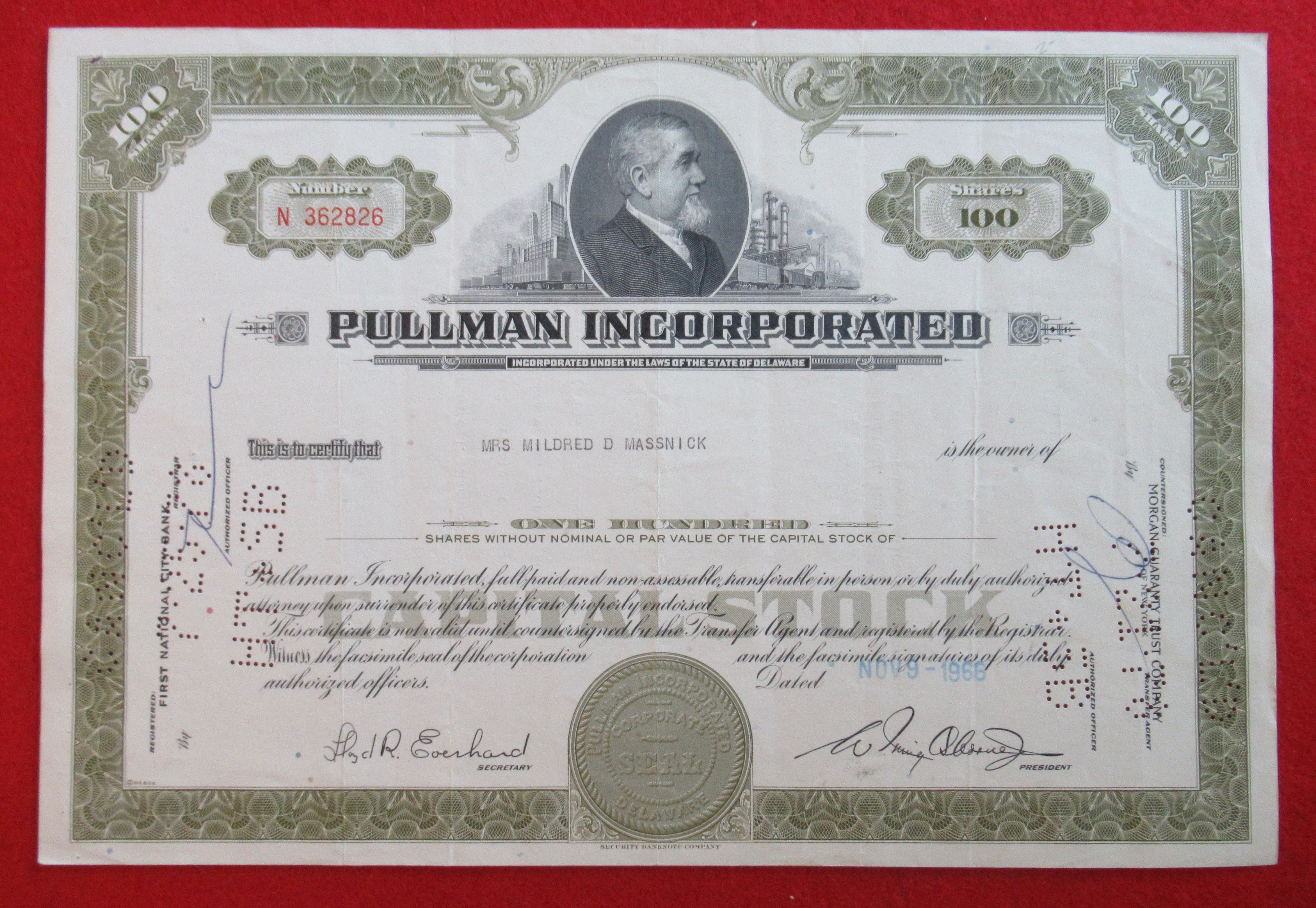 Pullman Incorporated Stock Certificate-Olive Green 1966