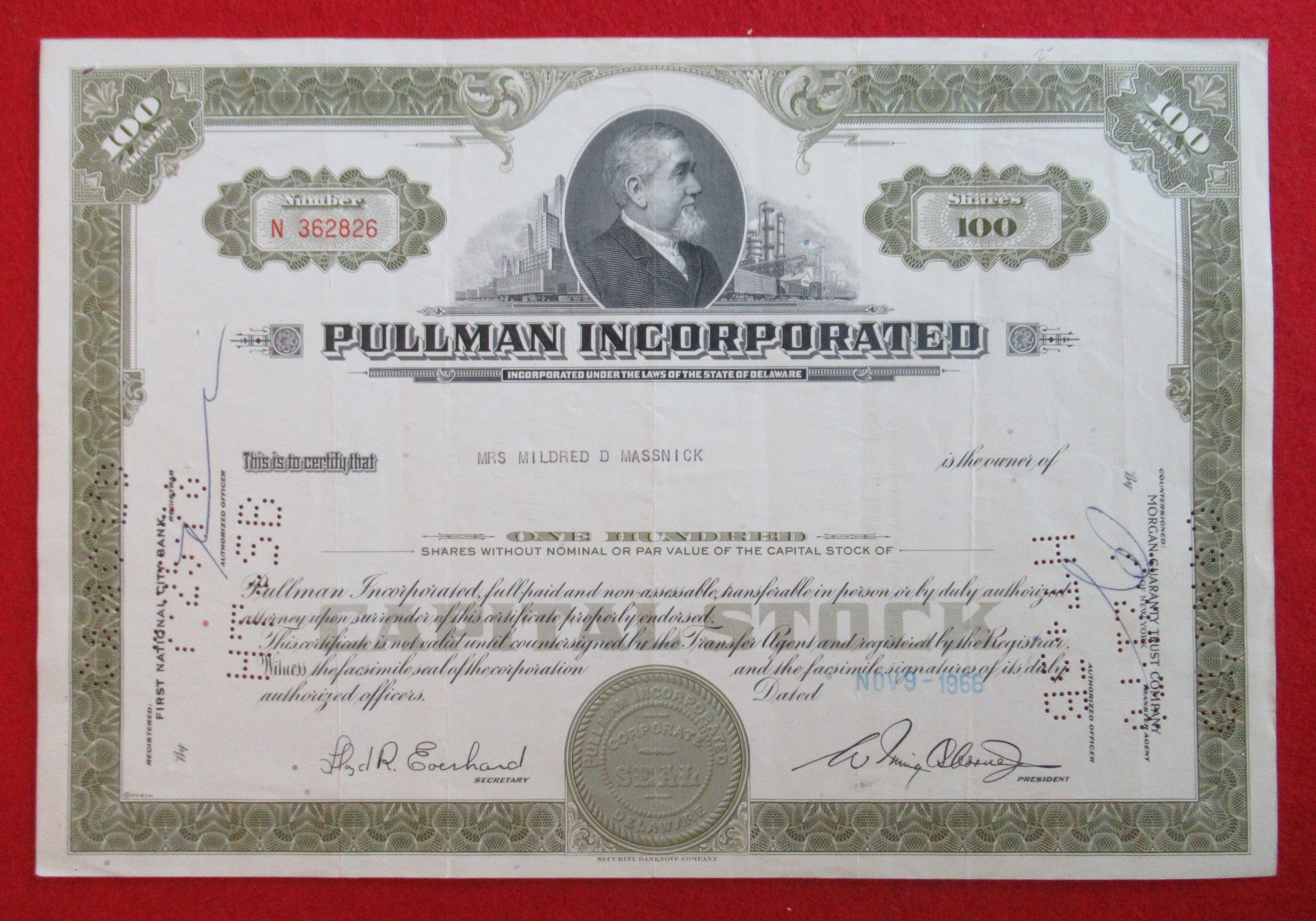 Pullman Incorporated Stock Certificate-Olive Green 1966