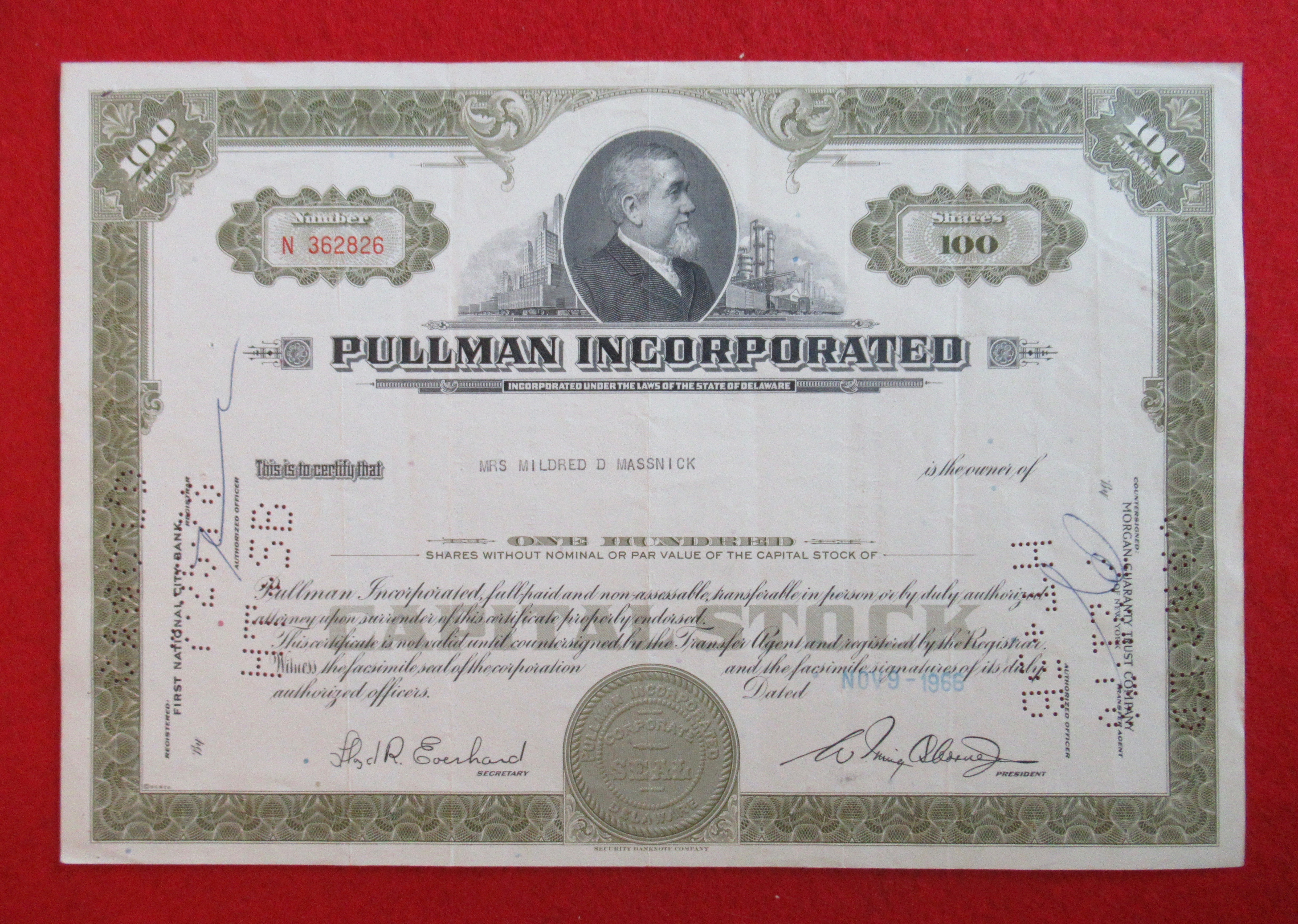 Pullman Incorporated Stock Certificate-Olive Green 1966