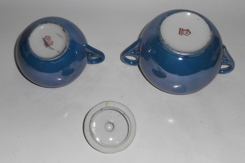 Japan Porcelain Blue Yellow Lustre Wear Creamer Sugar Bowl Set
