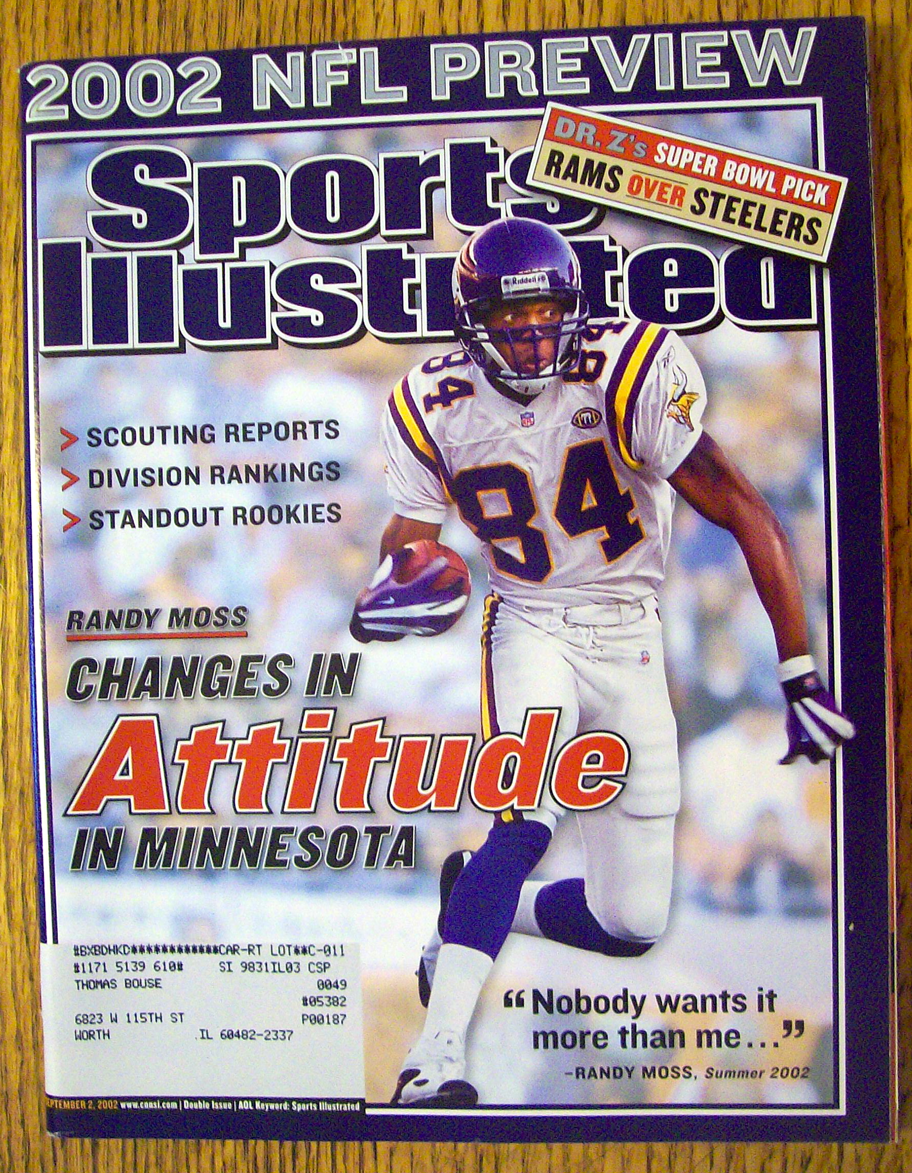 Sport Illustrated Magazine September 2, 2002 Randy Moss