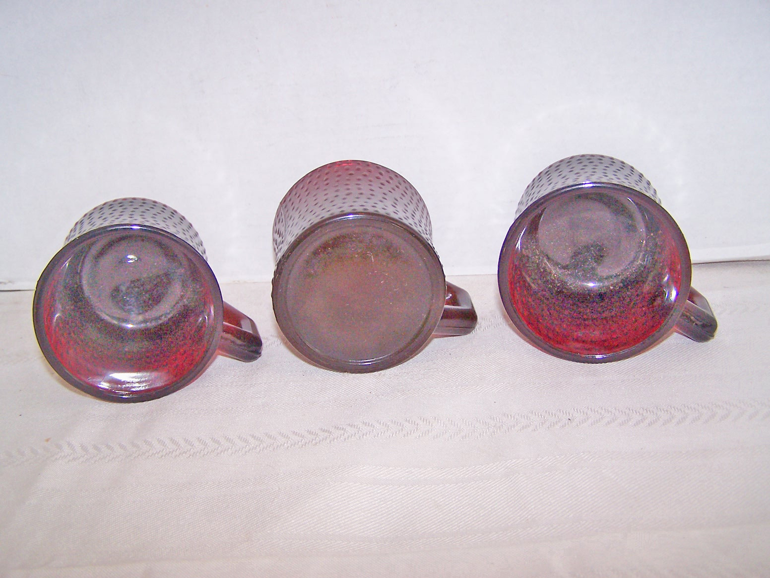 3 Ruby Red Glass Dimpled Cups with Handles