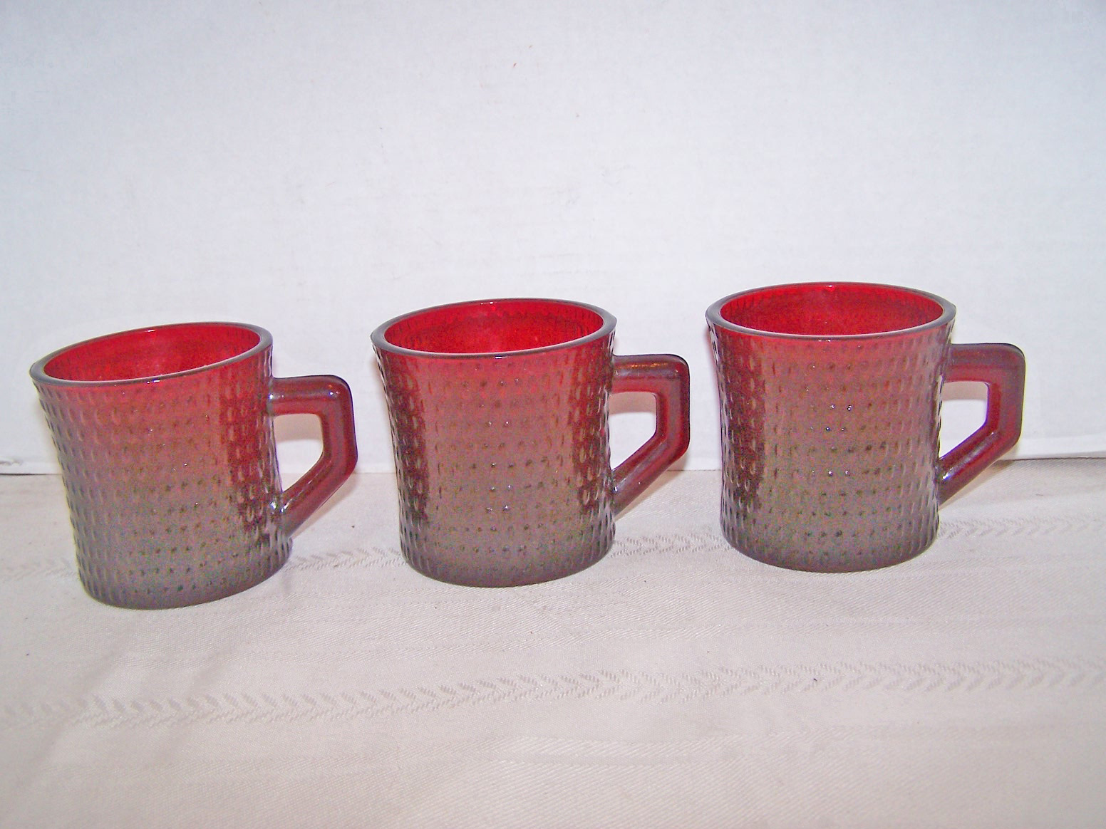 3 Ruby Red Glass Dimpled Cups with Handles