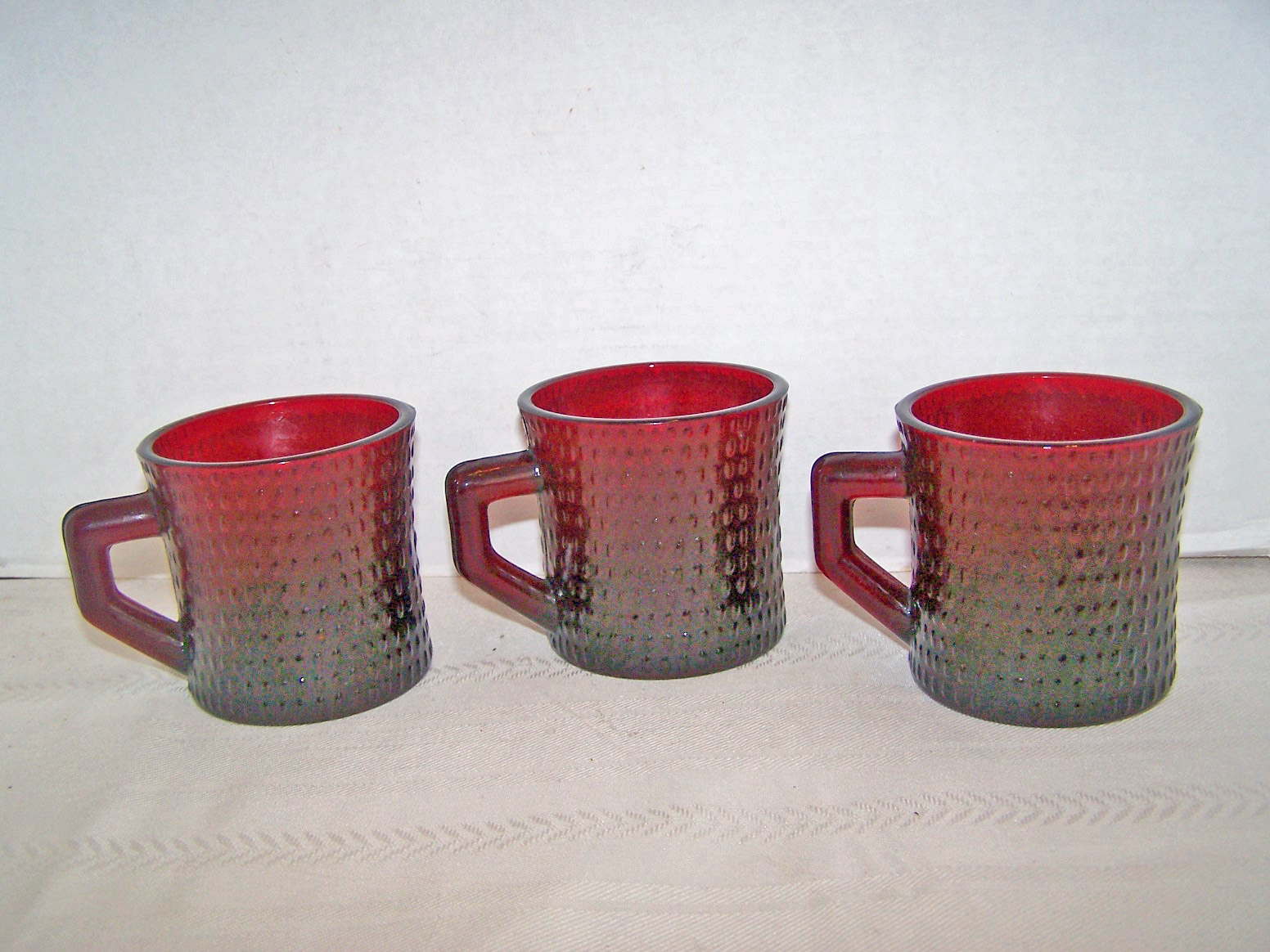 3 Ruby Red Glass Dimpled Cups with Handles