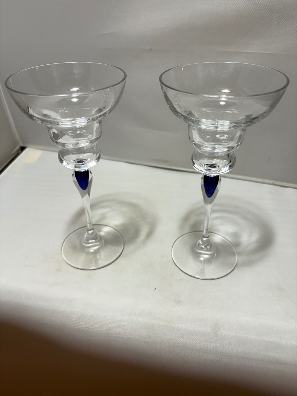 Venise Saphire Tear Drop Single Light Candleholder 2pc set by Cristal D'arques Durand France
