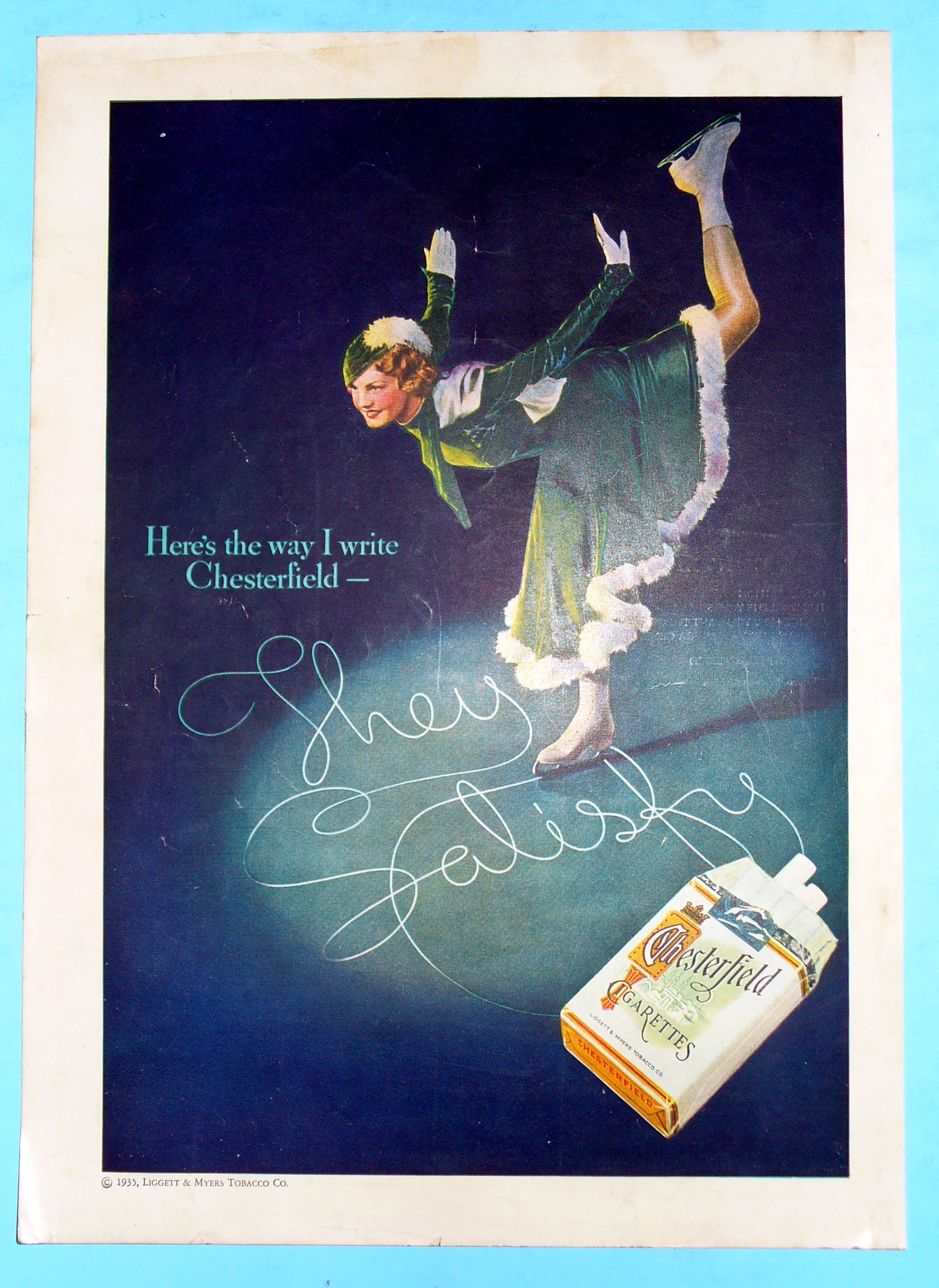 1935 Chesterfield Cigarettes w/ Woman Ice Skating