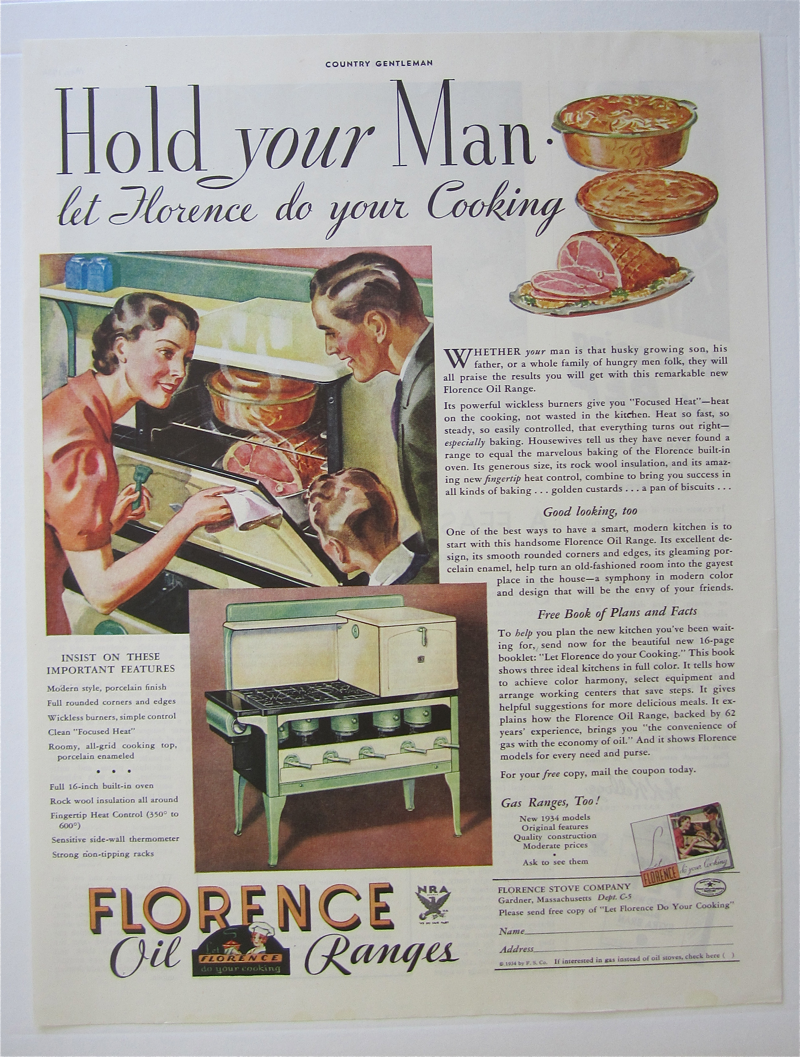 1934 Florence Oil Range w/Family Looking At Ham In Oven