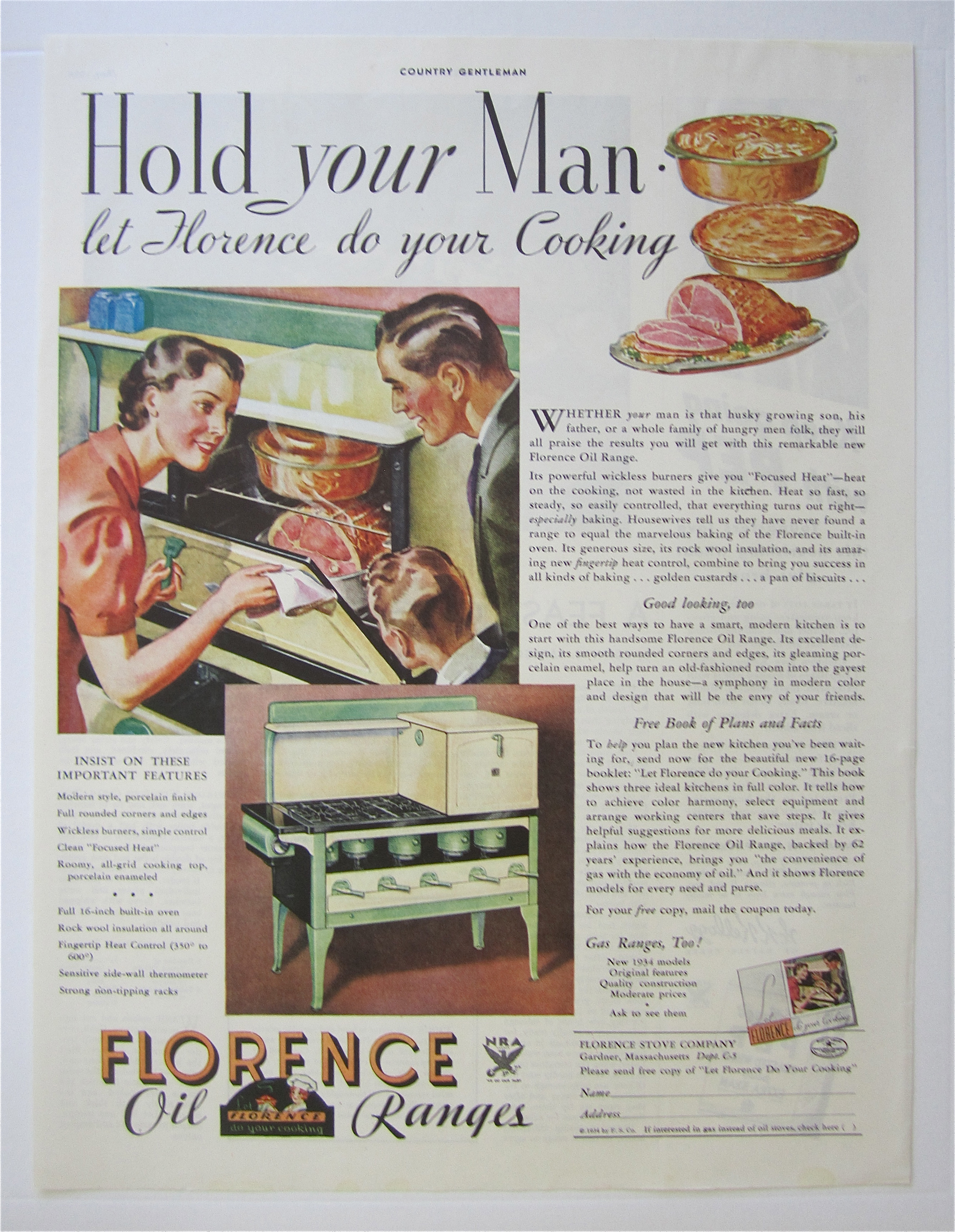 1934 Florence Oil Range w/Family Looking At Ham In Oven