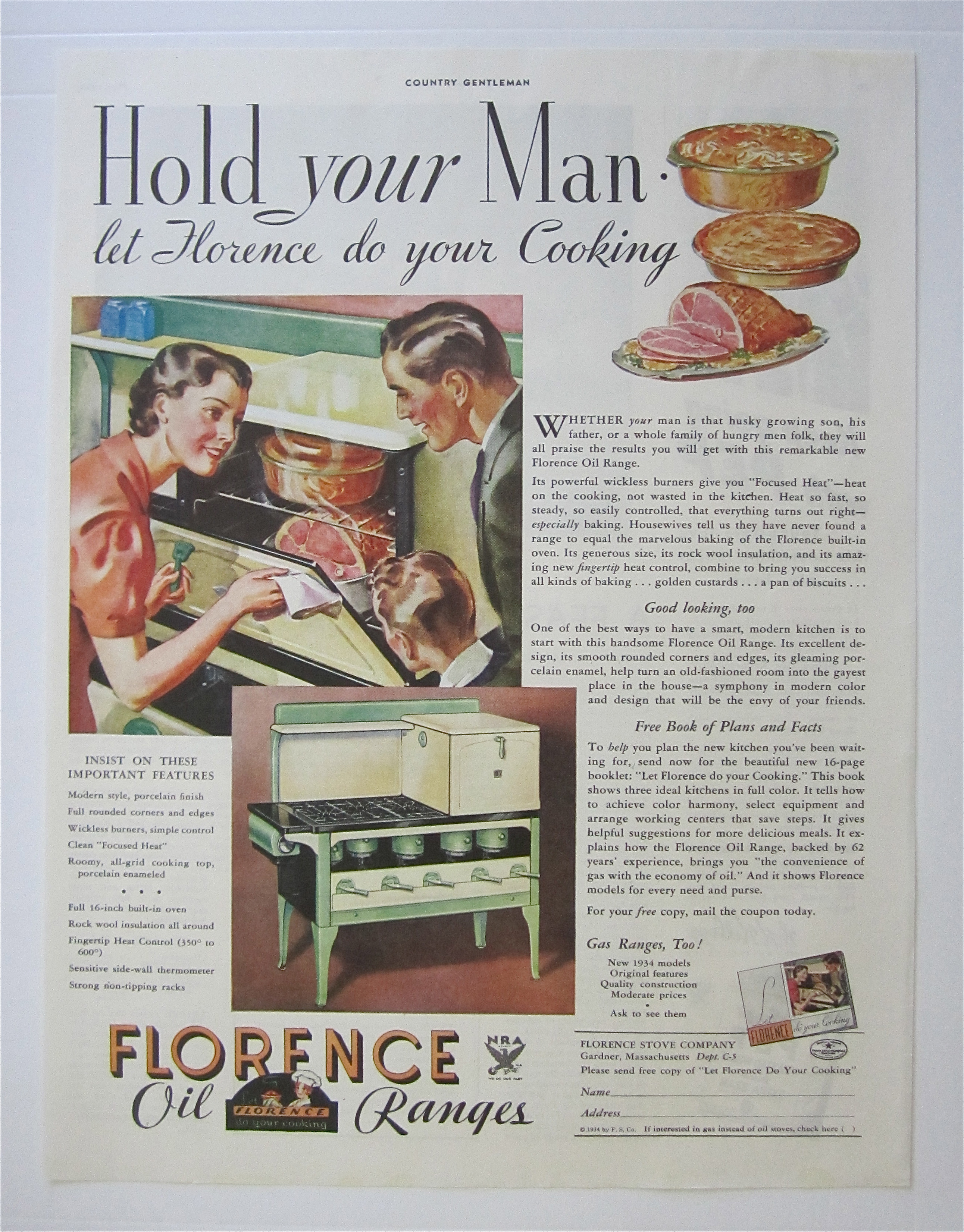 1934 Florence Oil Range w/Family Looking At Ham In Oven