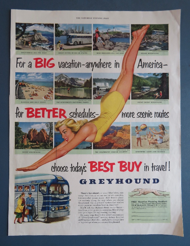 1952 Greyhound Bus Lines with Woman in Bathing Suit & Diving