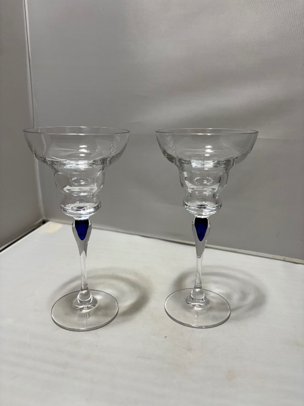 Venise Saphire Tear Drop Single Light Candleholder 2pc set by Cristal D'arques Durand France