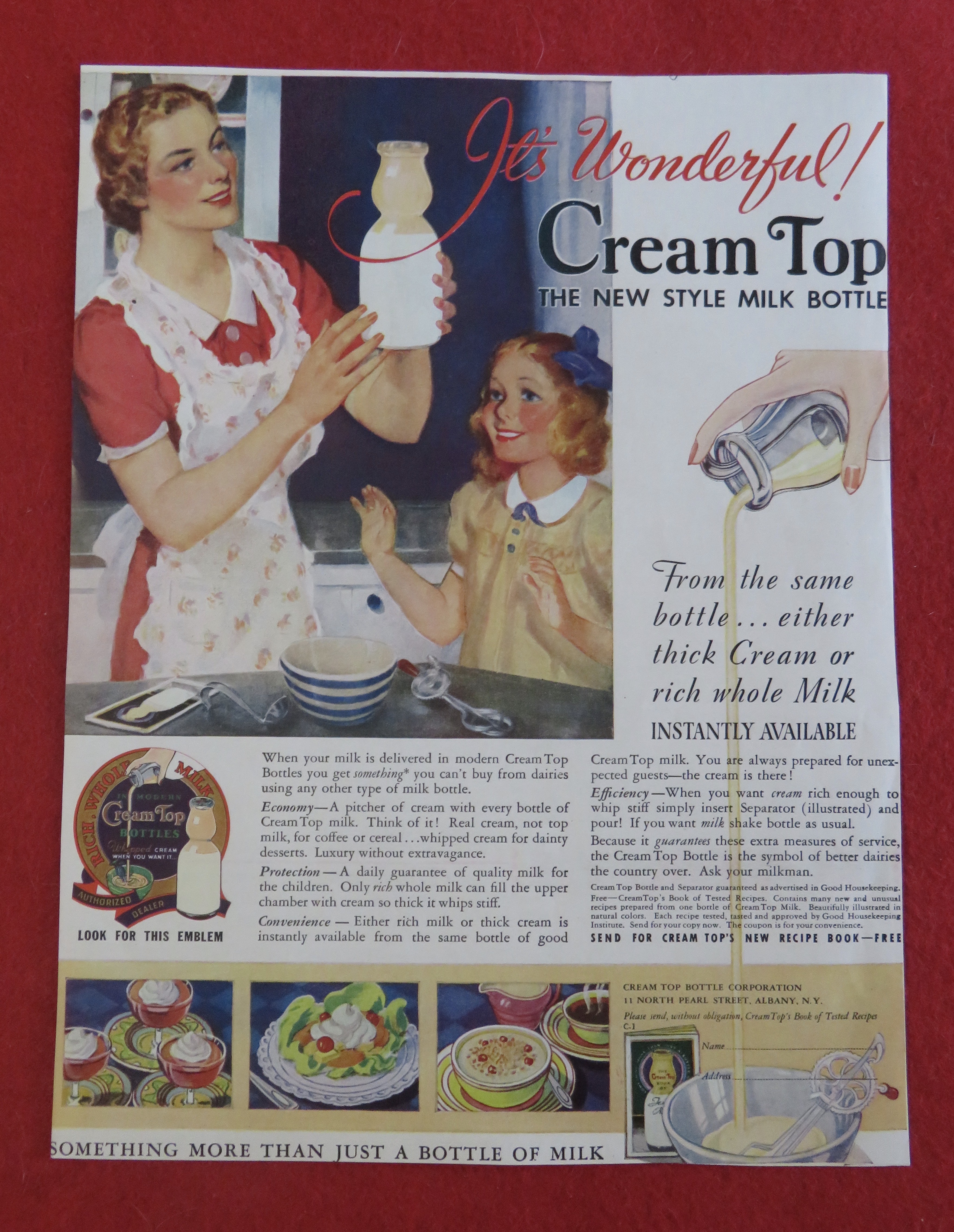 1938 Cream Top Milk Bottle with Woman Holding Bottle