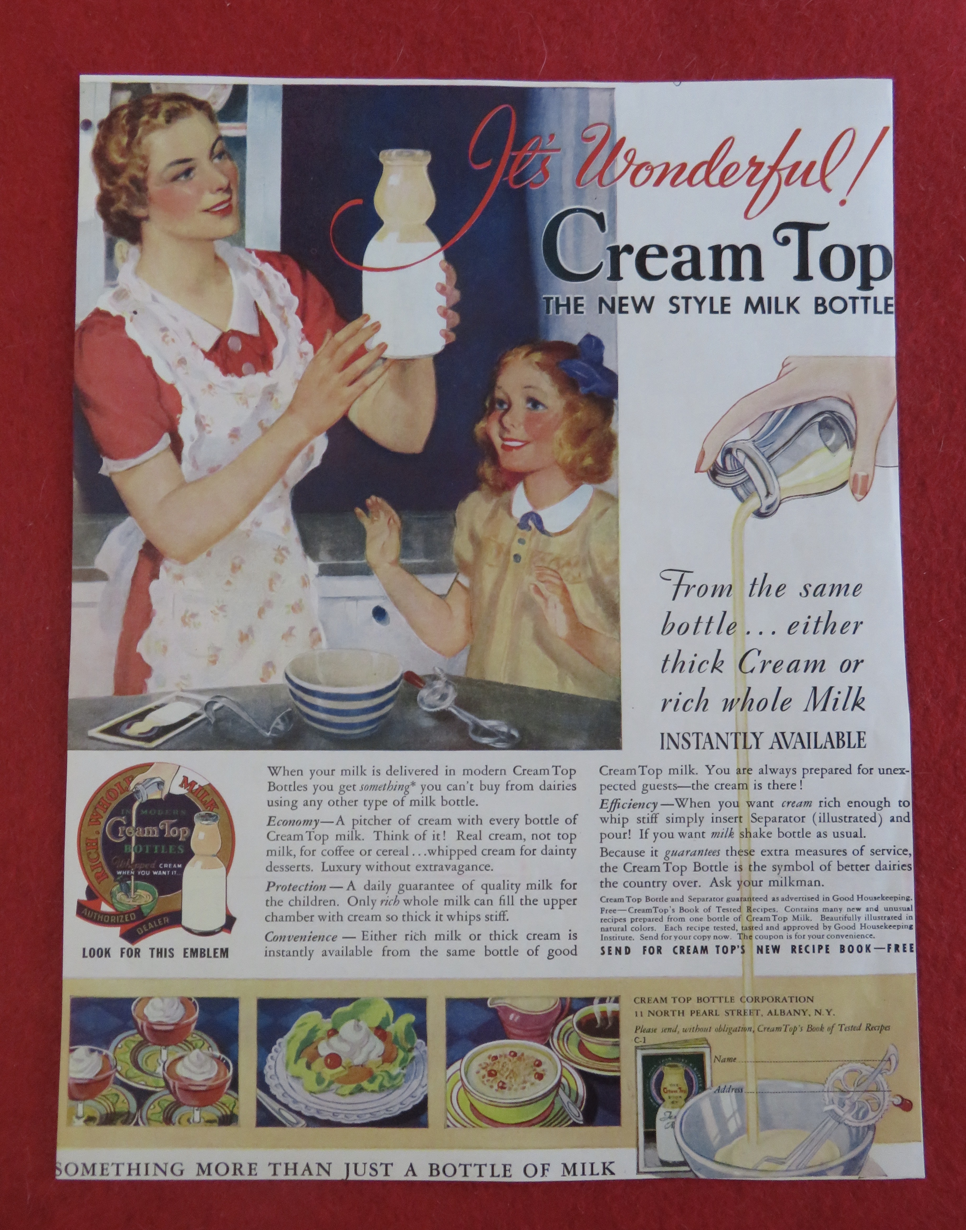 1938 Cream Top Milk Bottle with Woman Holding Bottle