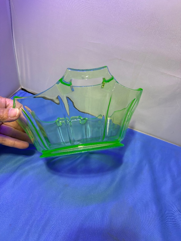 Fostoria Floral Etched Uranium Green Bowl 9" Circa 1930s