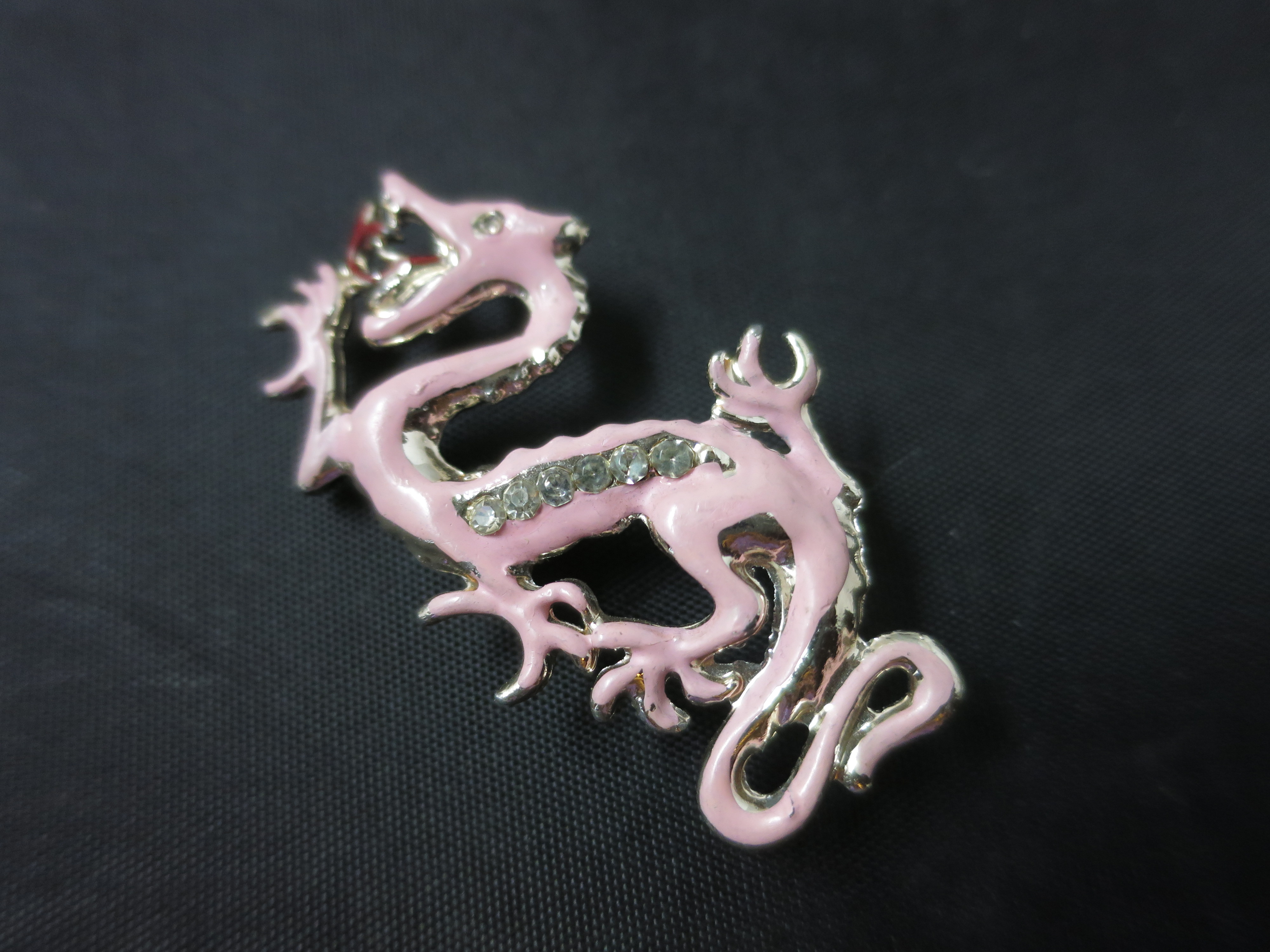 Dragon Pink Enamel Rhinestone Pin Brooch Unsigned
