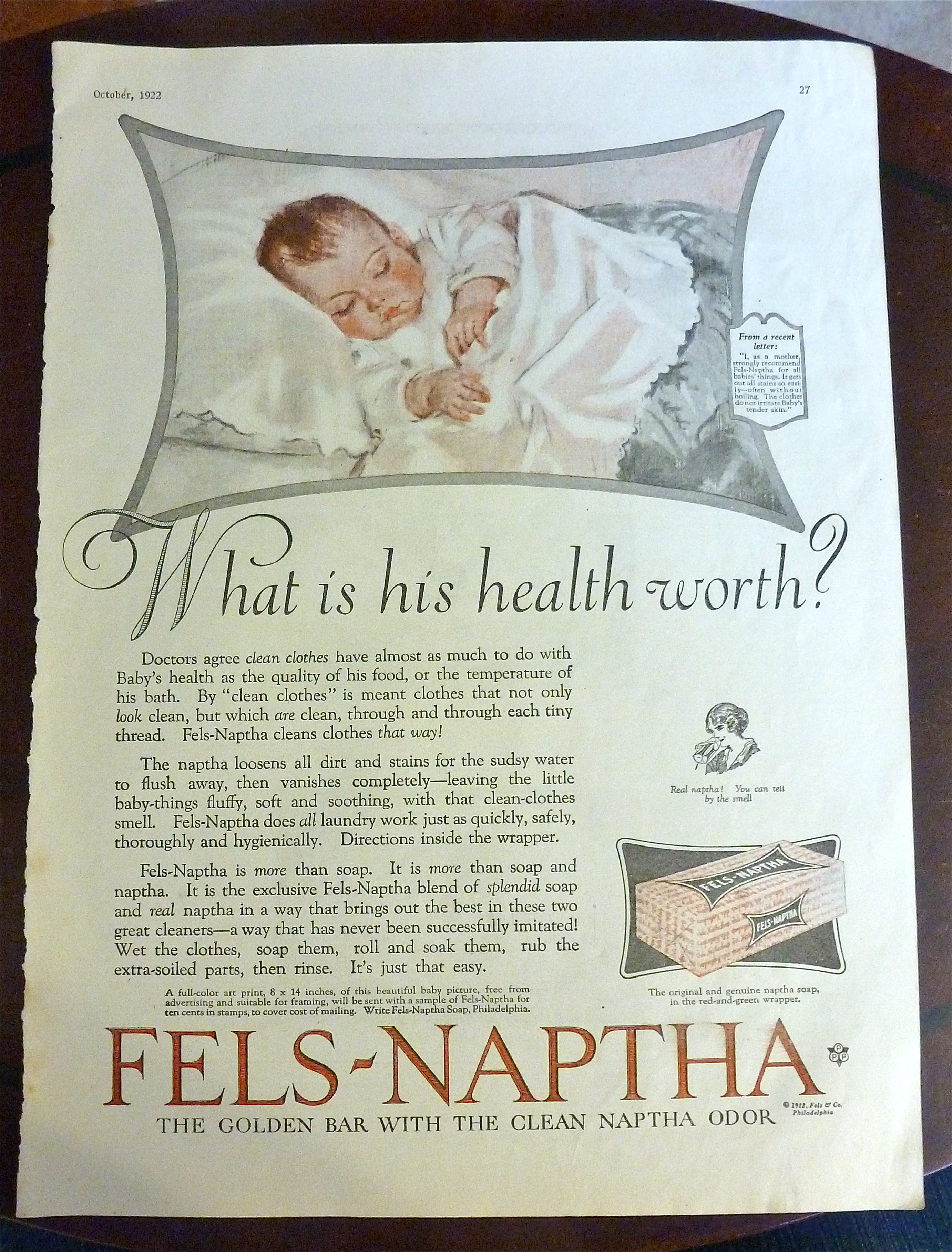 1922 Fels Naptha Soap with Little Baby Sleeping