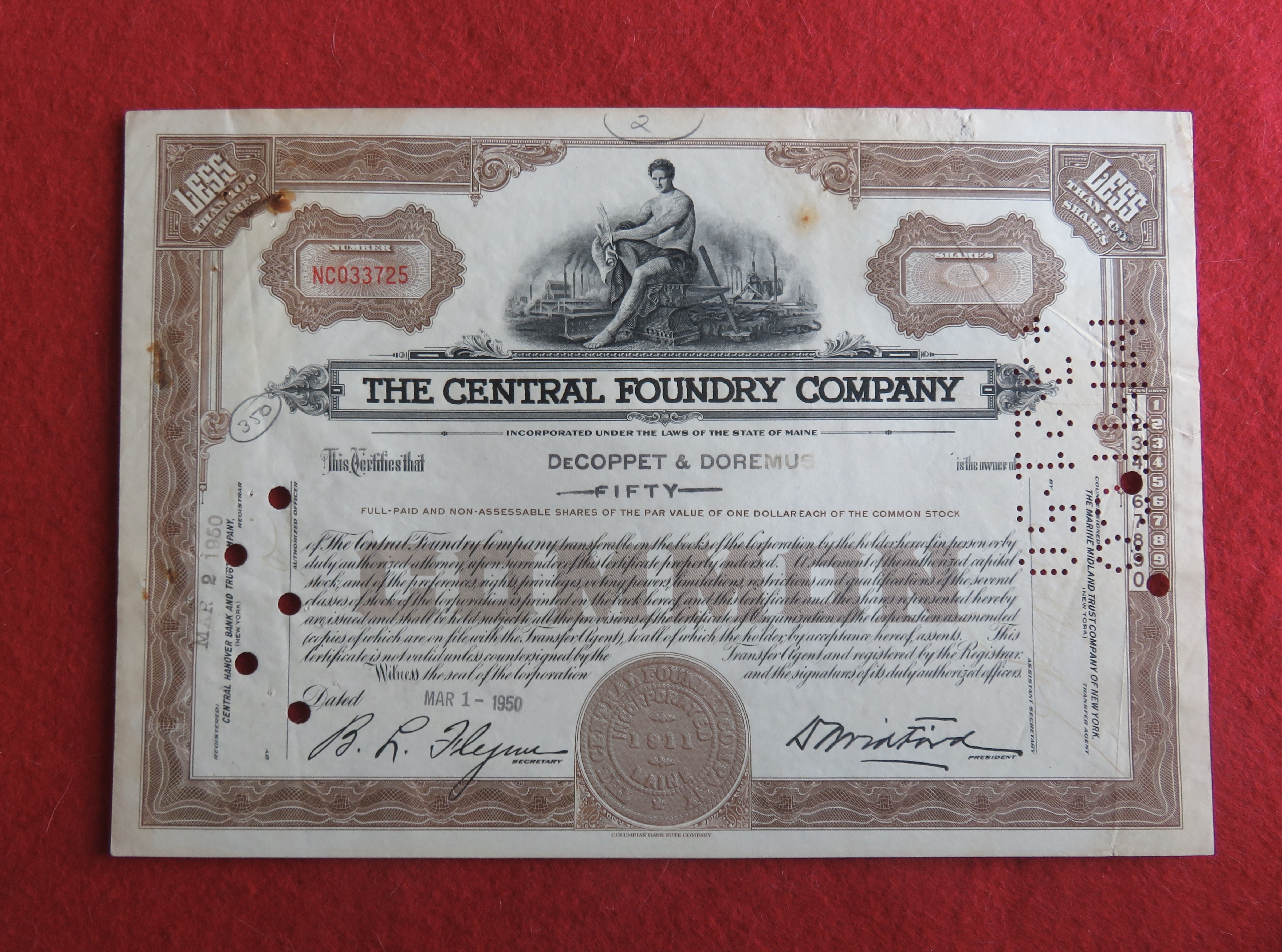 1950 The Central Foundry Company Stock Certificate