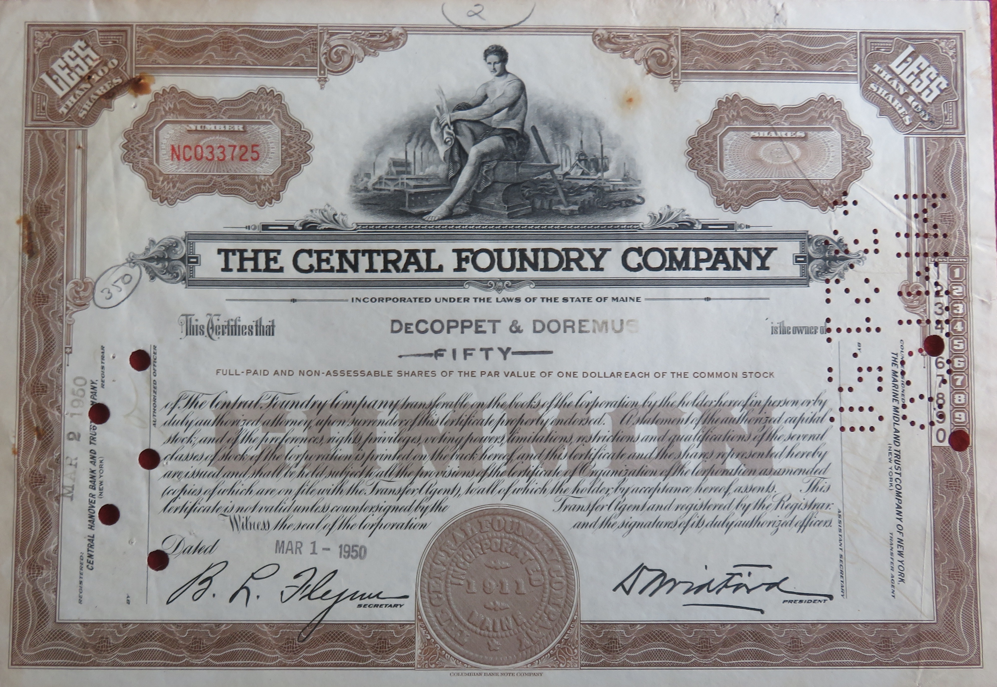 1950 The Central Foundry Company Stock Certificate