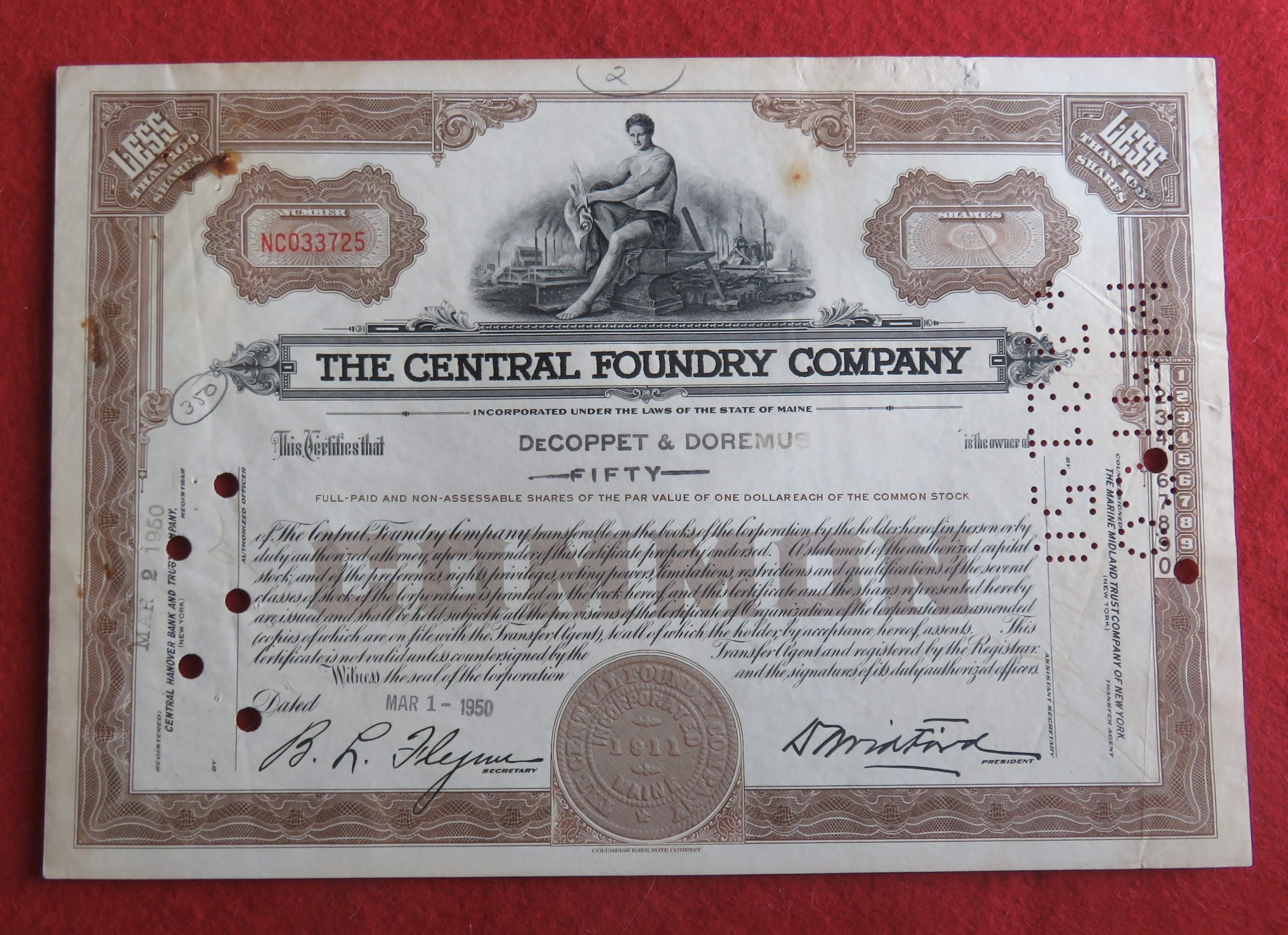 1950 The Central Foundry Company Stock Certificate