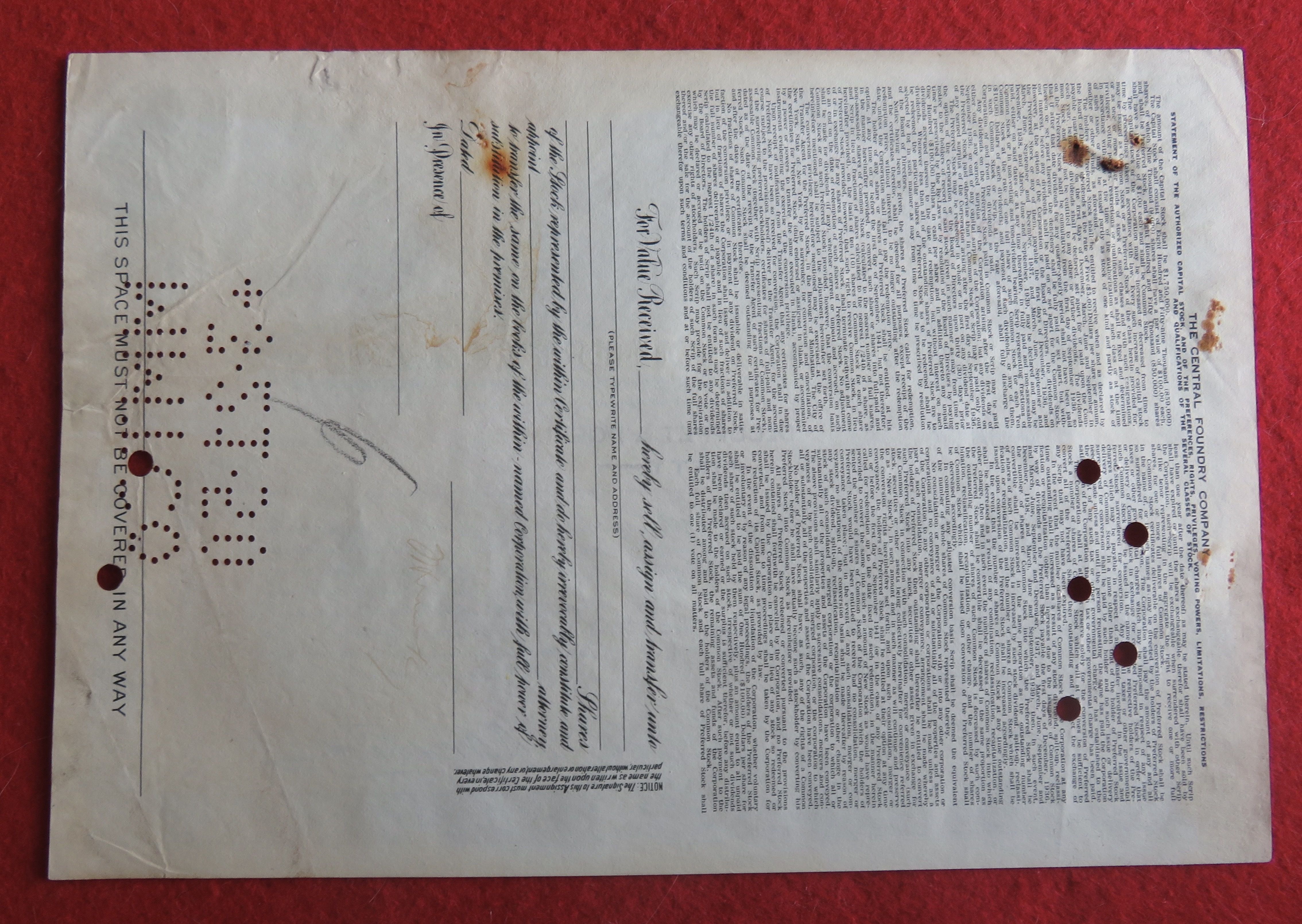 1950 The Central Foundry Company Stock Certificate
