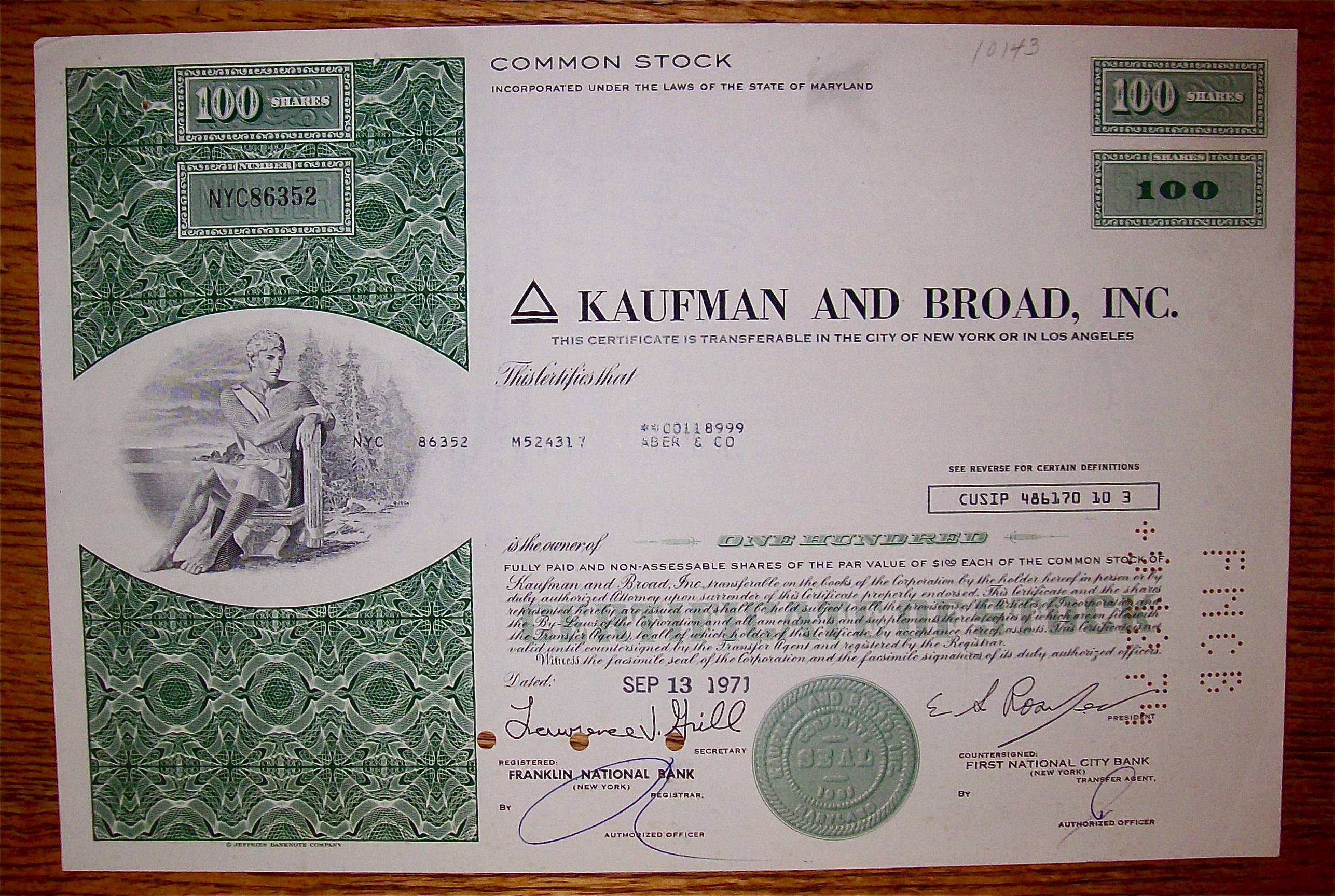1971 Kaufman & Broad Inc Stock Certificate