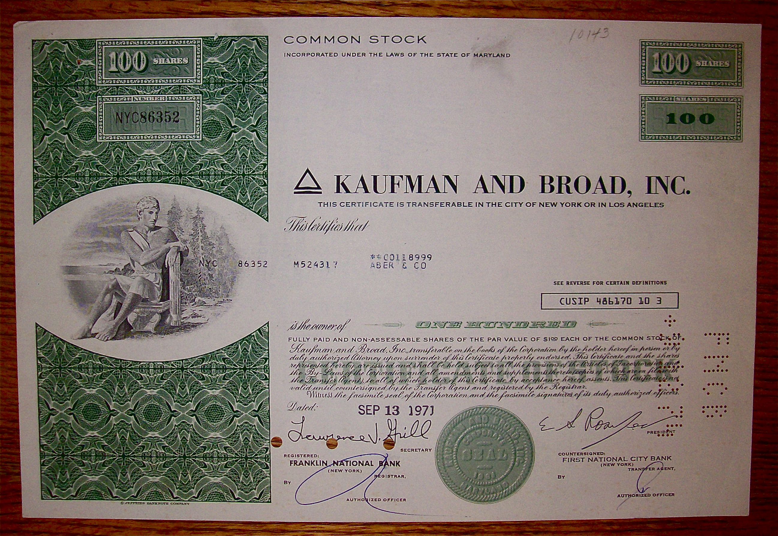 1971 Kaufman & Broad Inc Stock Certificate