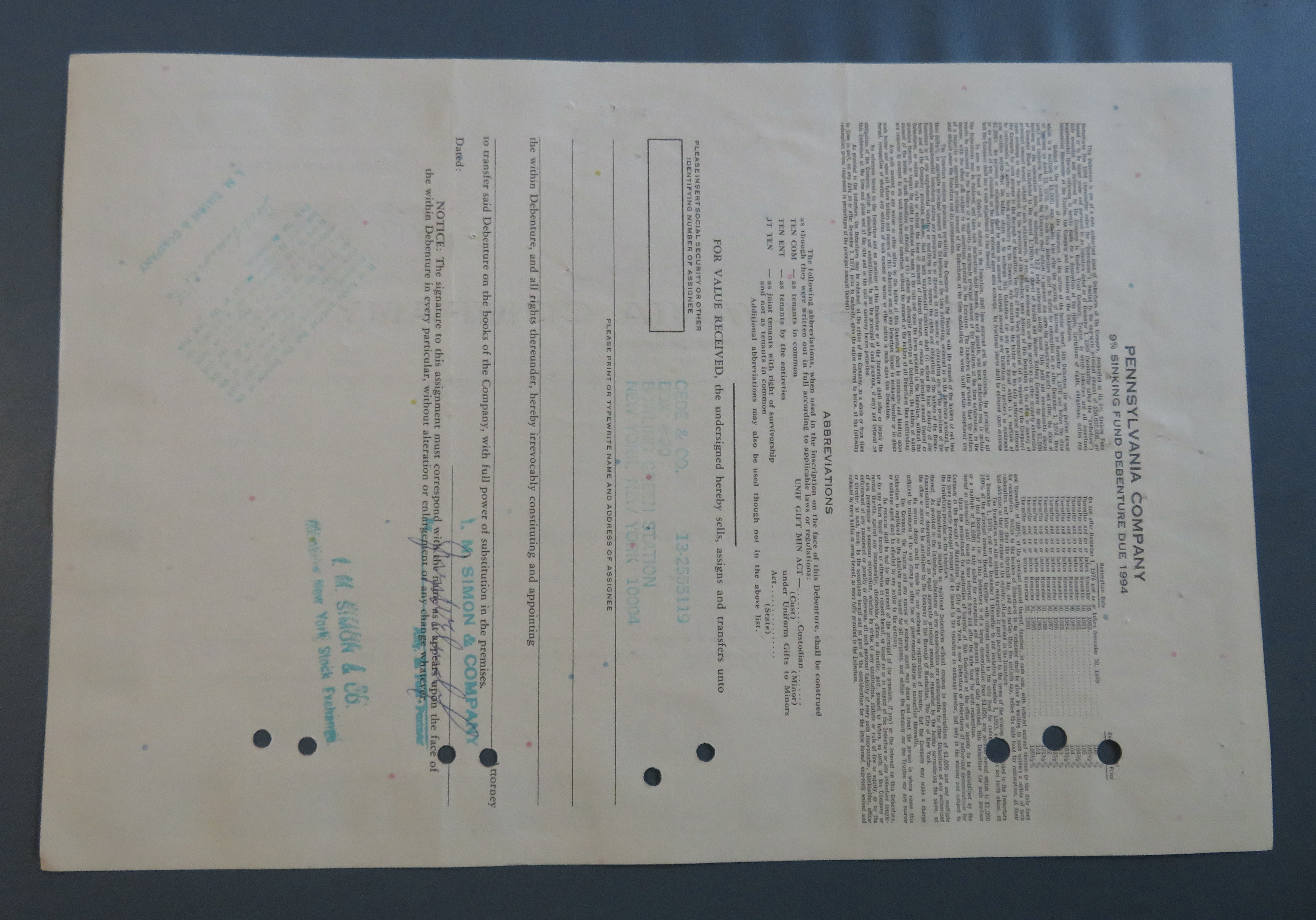 1975 Pennsylvania Company Stock Certificate