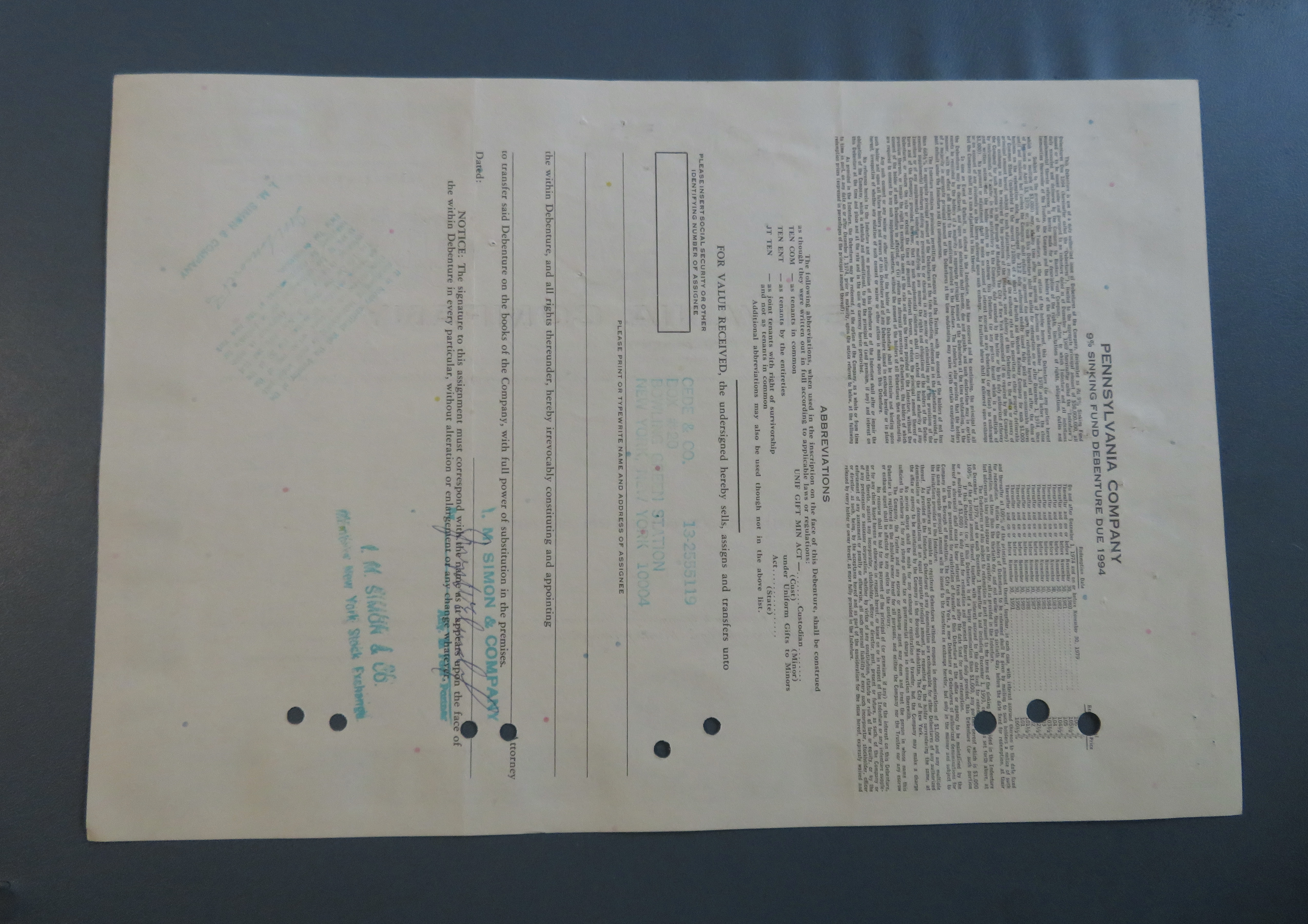 1975 Pennsylvania Company Stock Certificate
