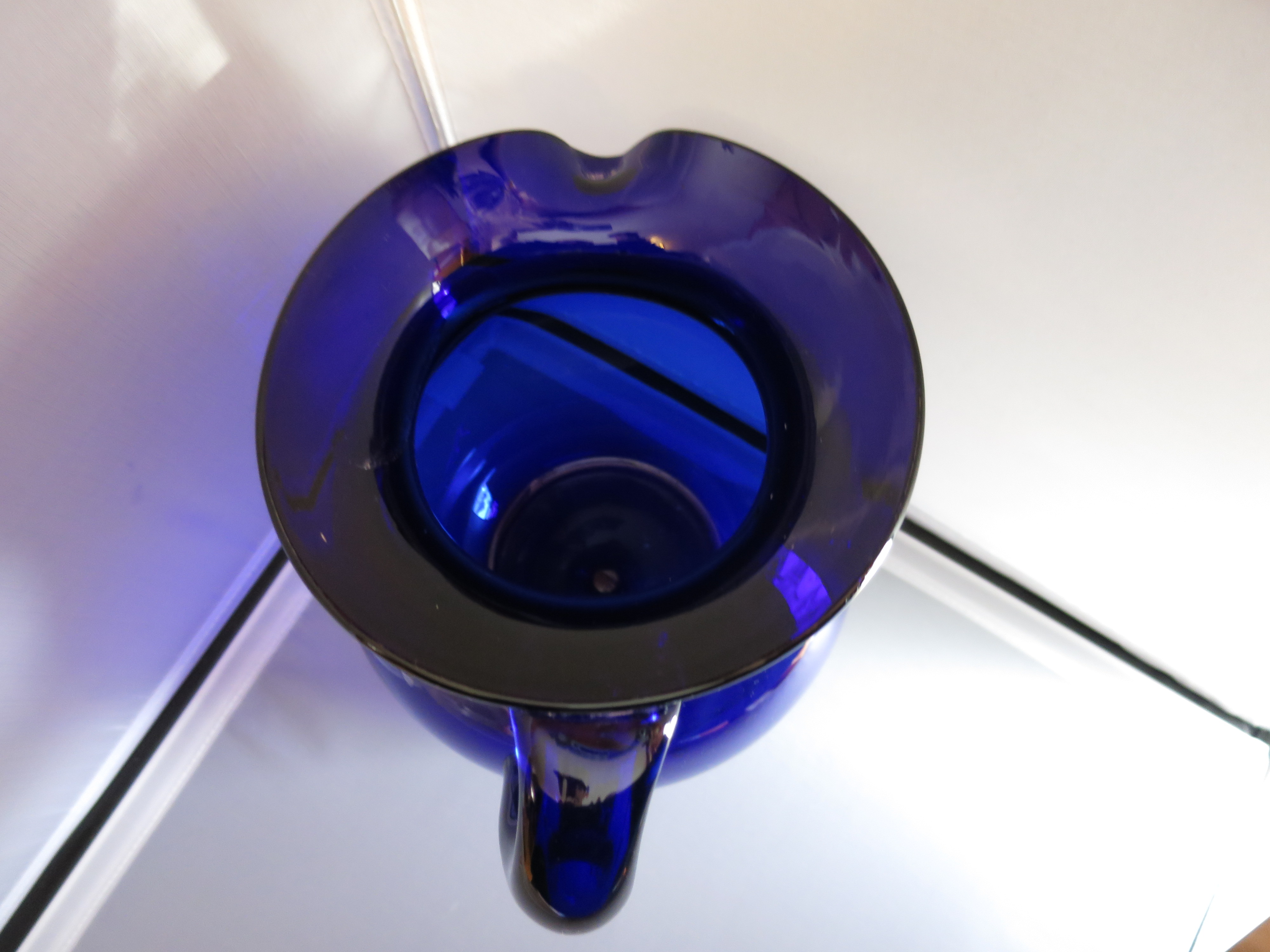 Cobalt Blue Pitcher Blown Glass Applied Handle