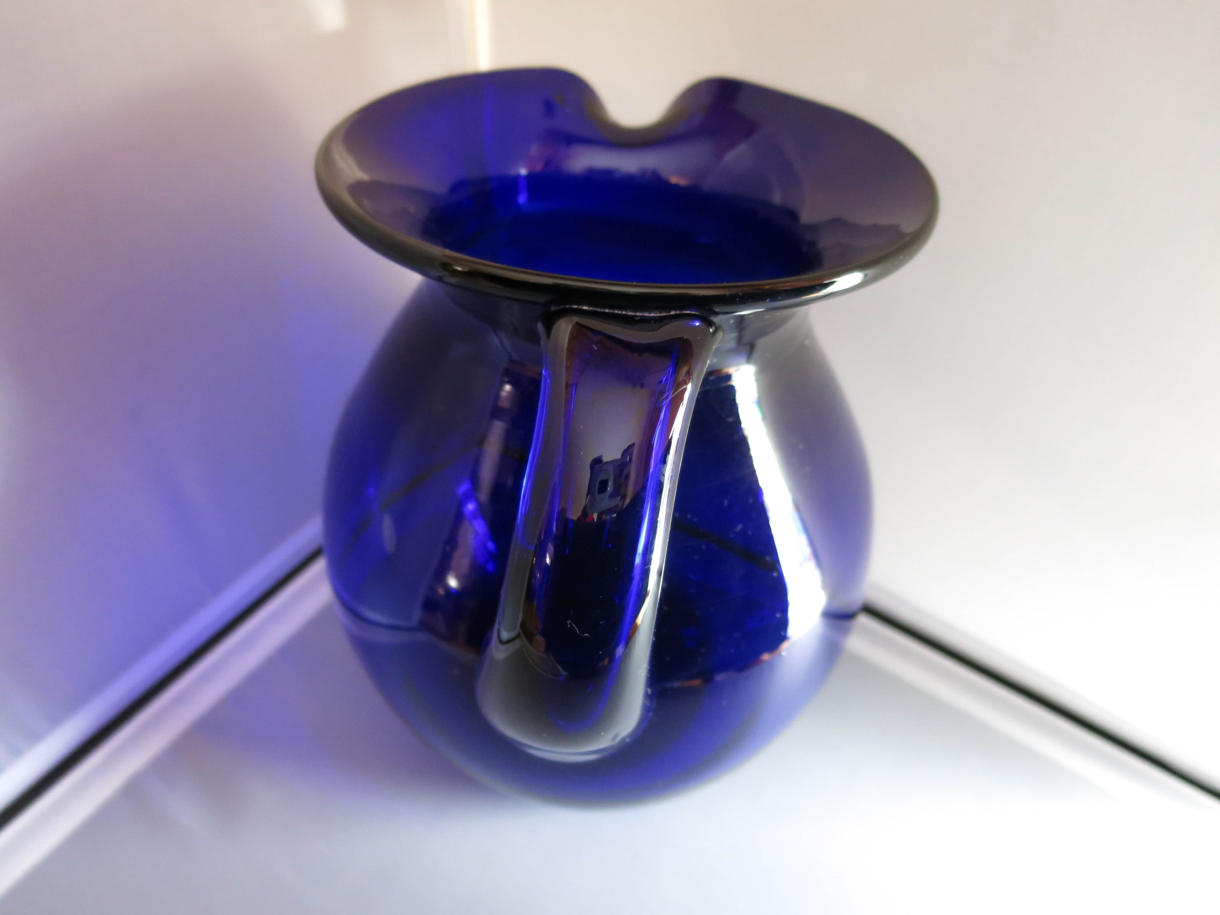 Cobalt Blue Pitcher Blown Glass Applied Handle