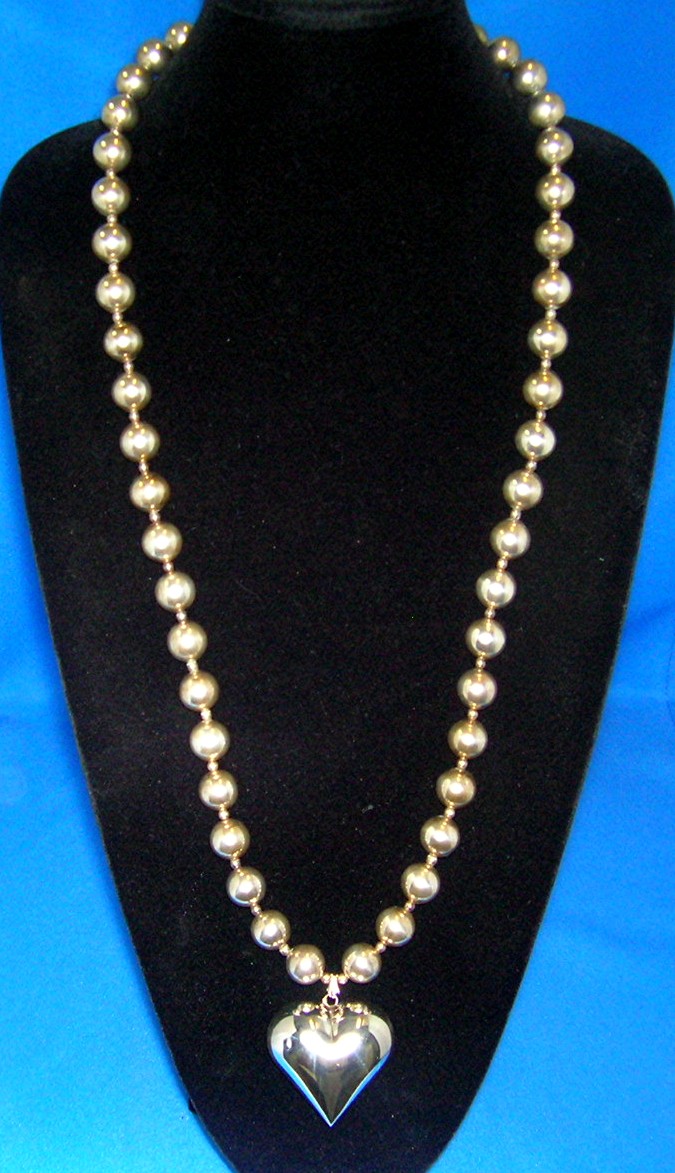 34 Inch Sterling Silver 13mm Beads and Heart Pendant