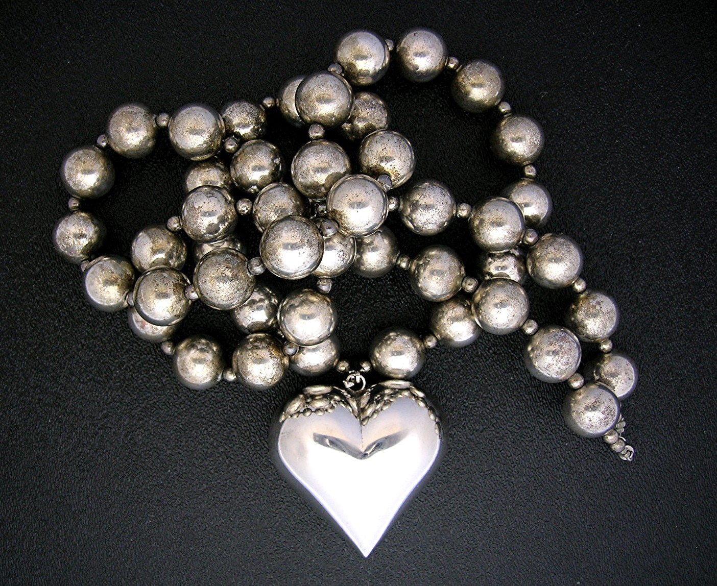 34 Inch Sterling Silver 13mm Beads and Heart Pendant