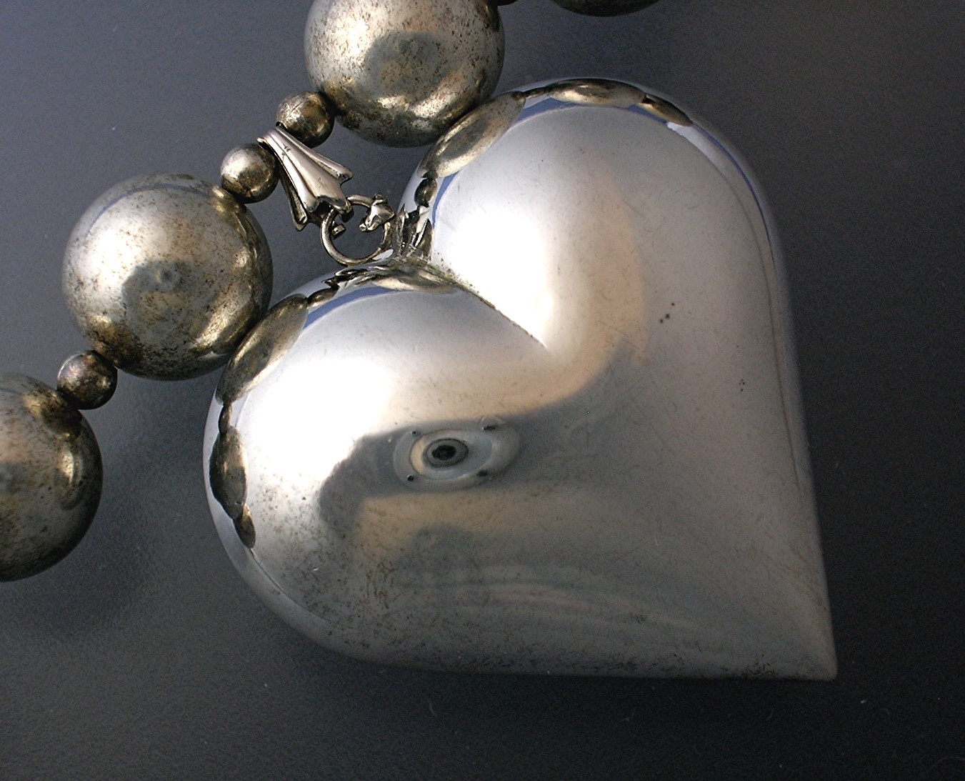 34 Inch Sterling Silver 13mm Beads and Heart Pendant