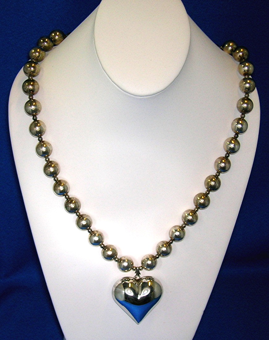 34 Inch Sterling Silver 13mm Beads and Heart Pendant