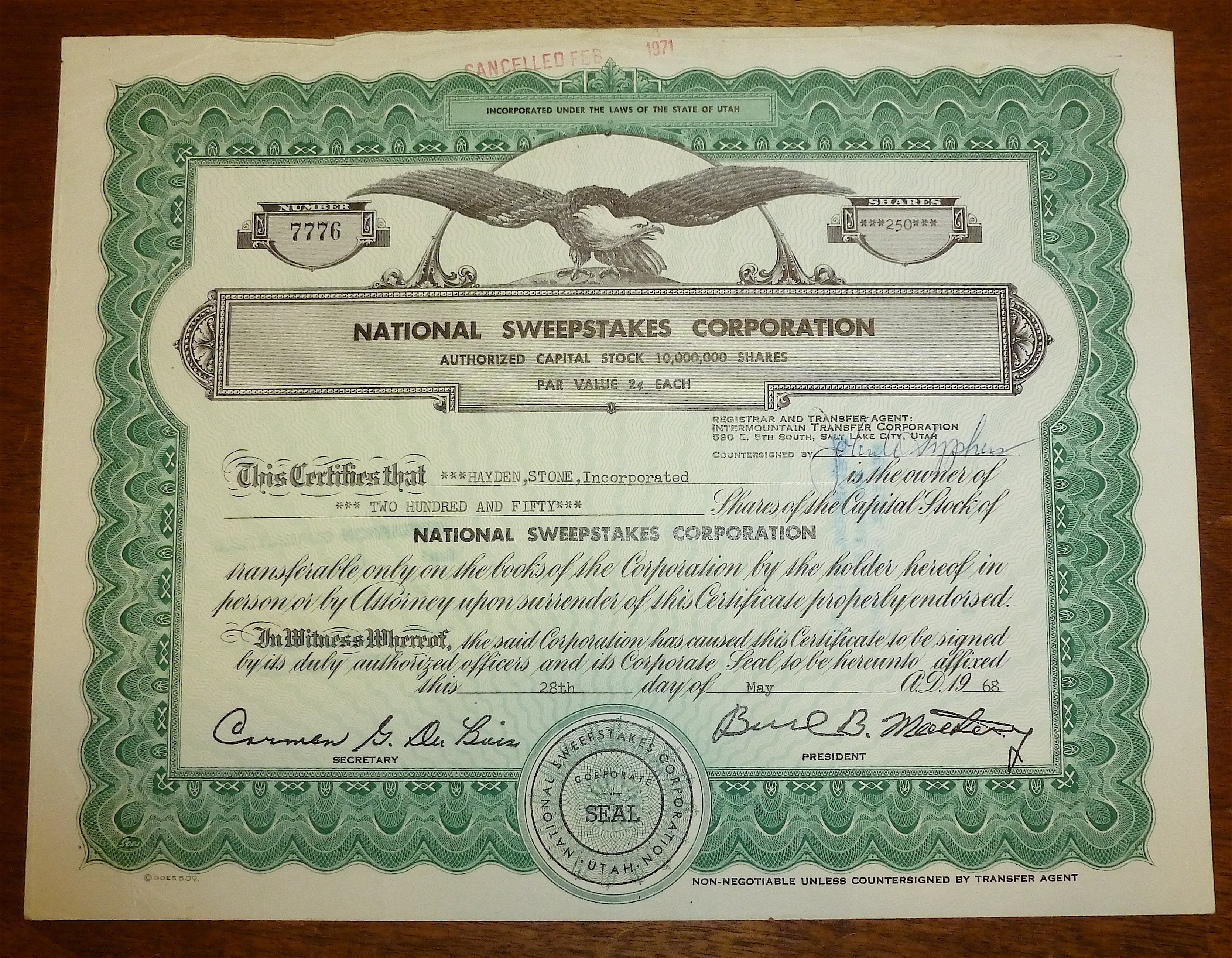 National Sweepstakes Corp Stock Certificate