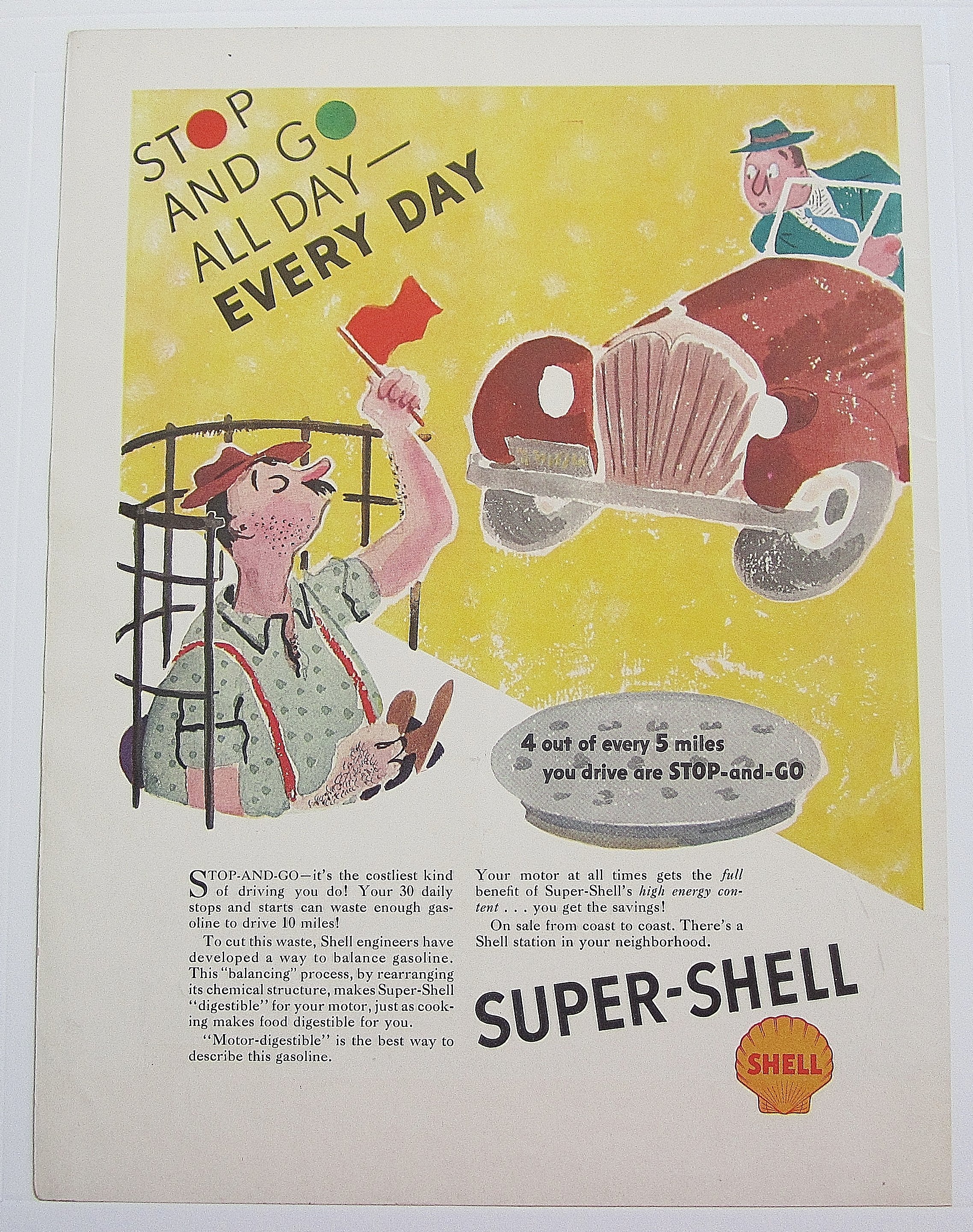 1937 Super Shell Gas w Man In Manhole while Waving Flag