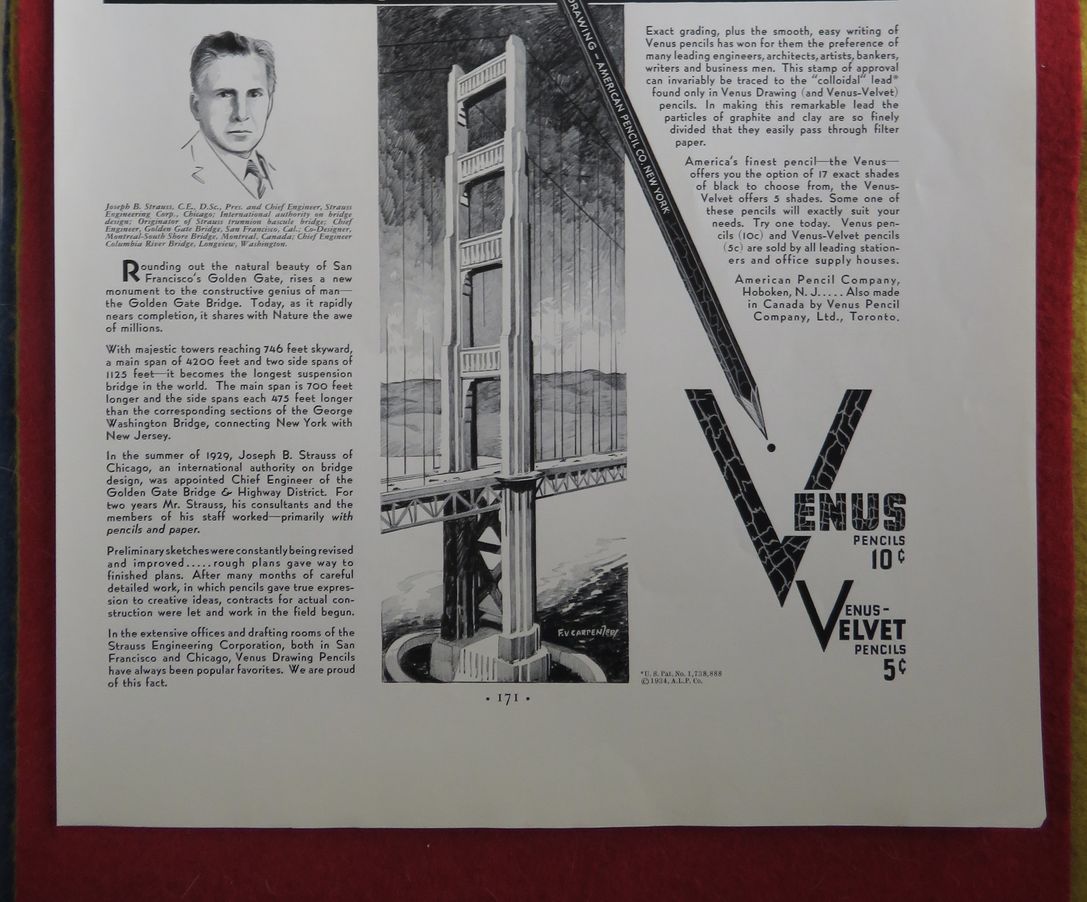 1934 Venus Pencil with The Golden Gate Bridge
