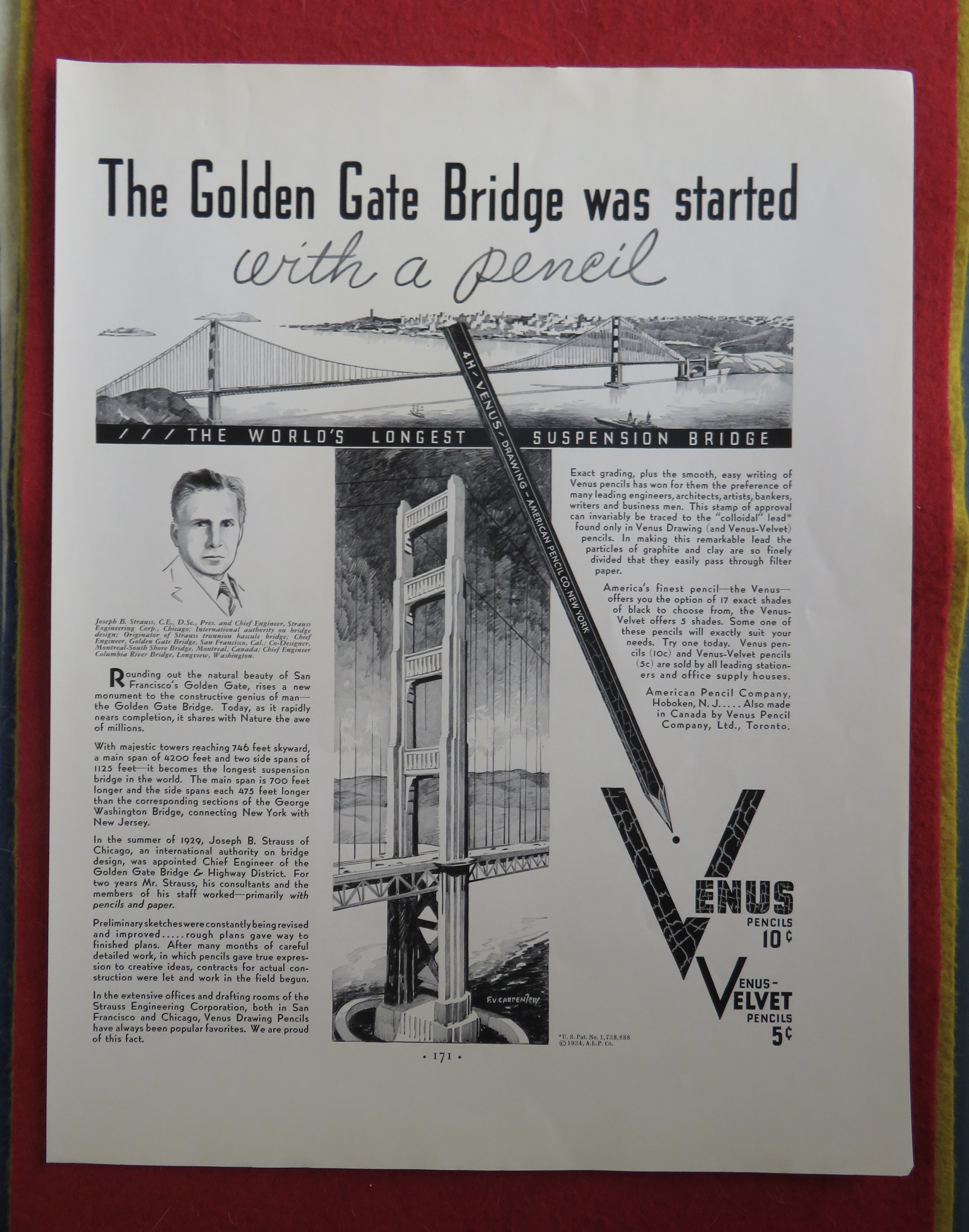 1934 Venus Pencil with The Golden Gate Bridge