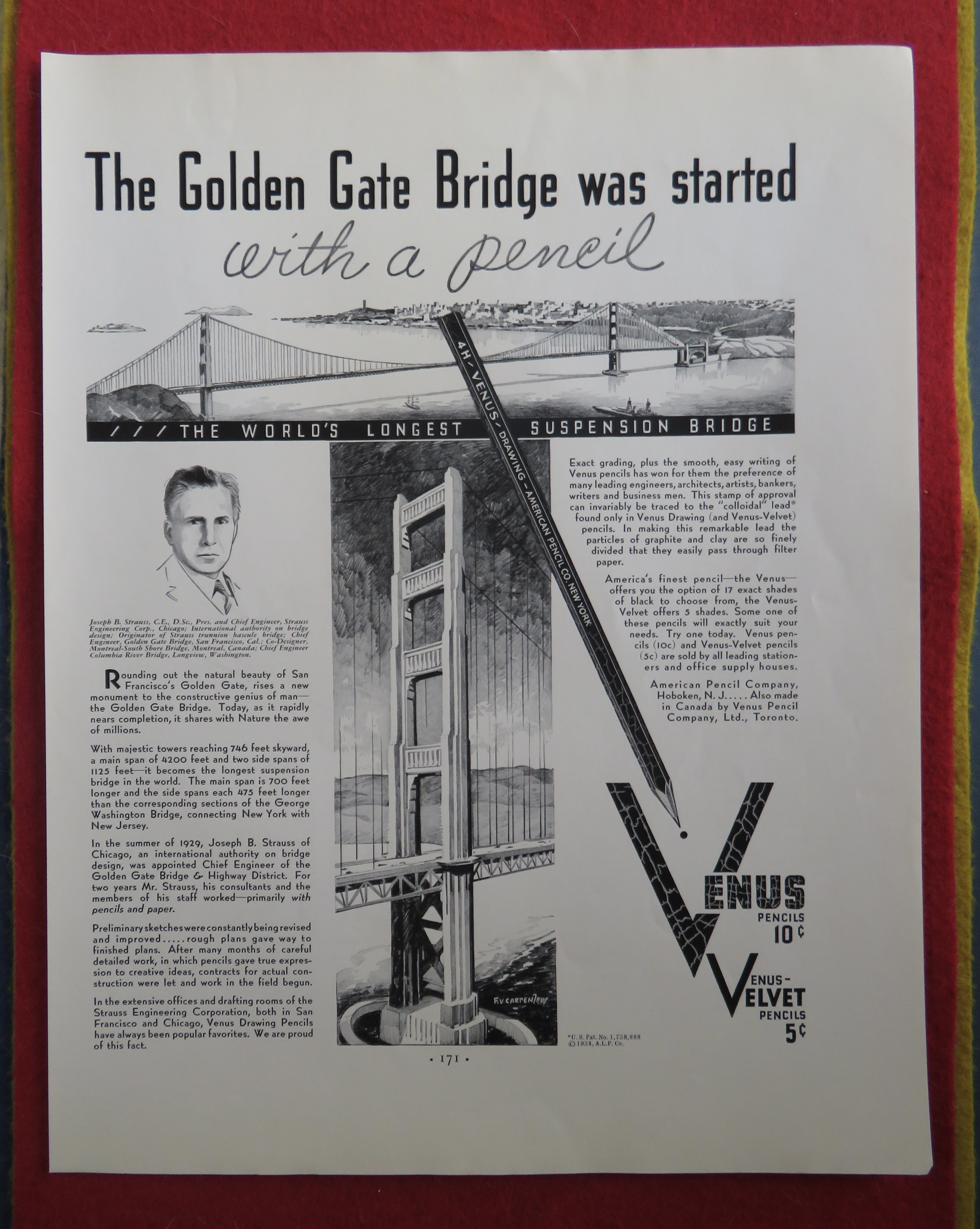 1934 Venus Pencil with The Golden Gate Bridge