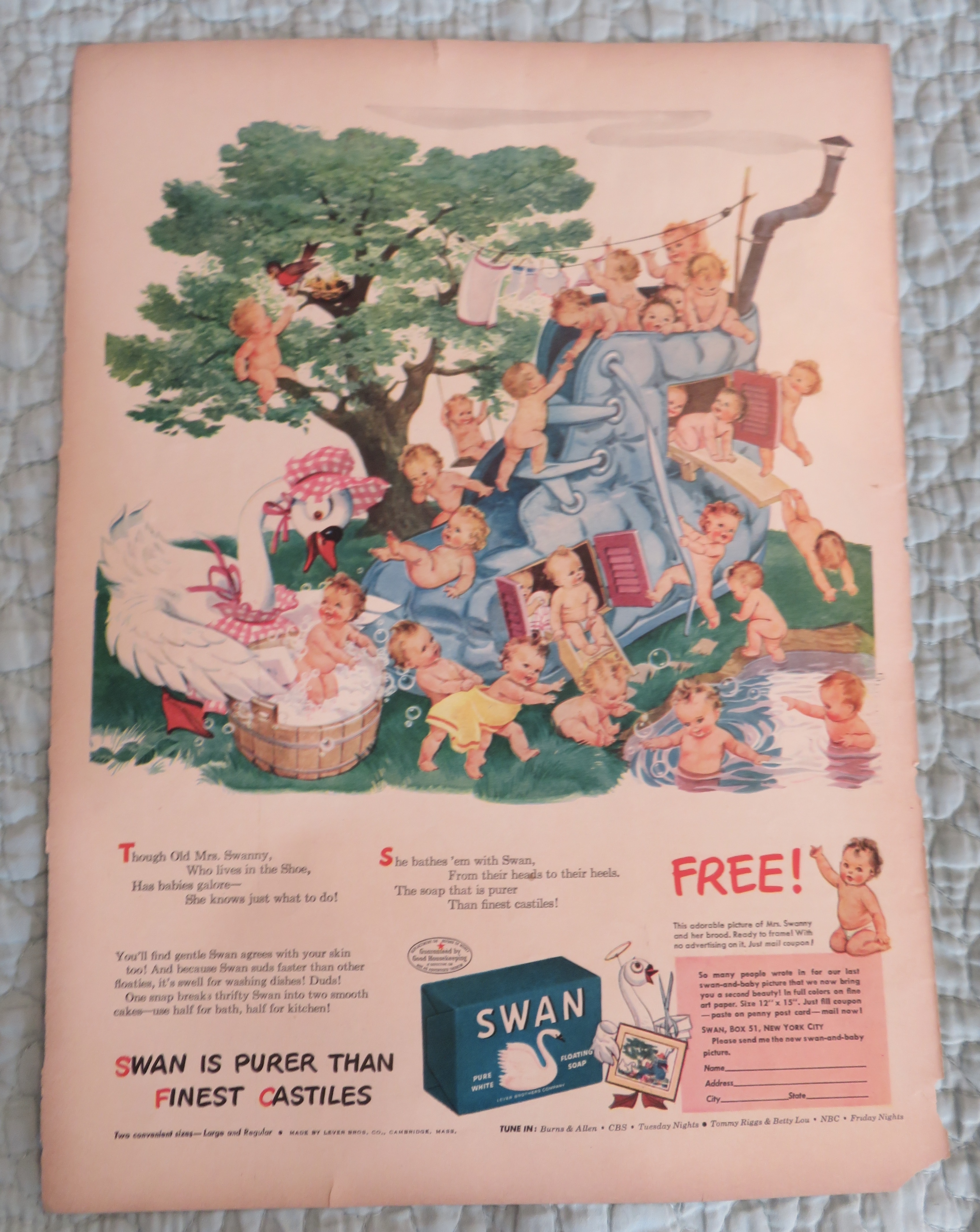1943 Swan Soap with Babies Playing On A Blue Shoe