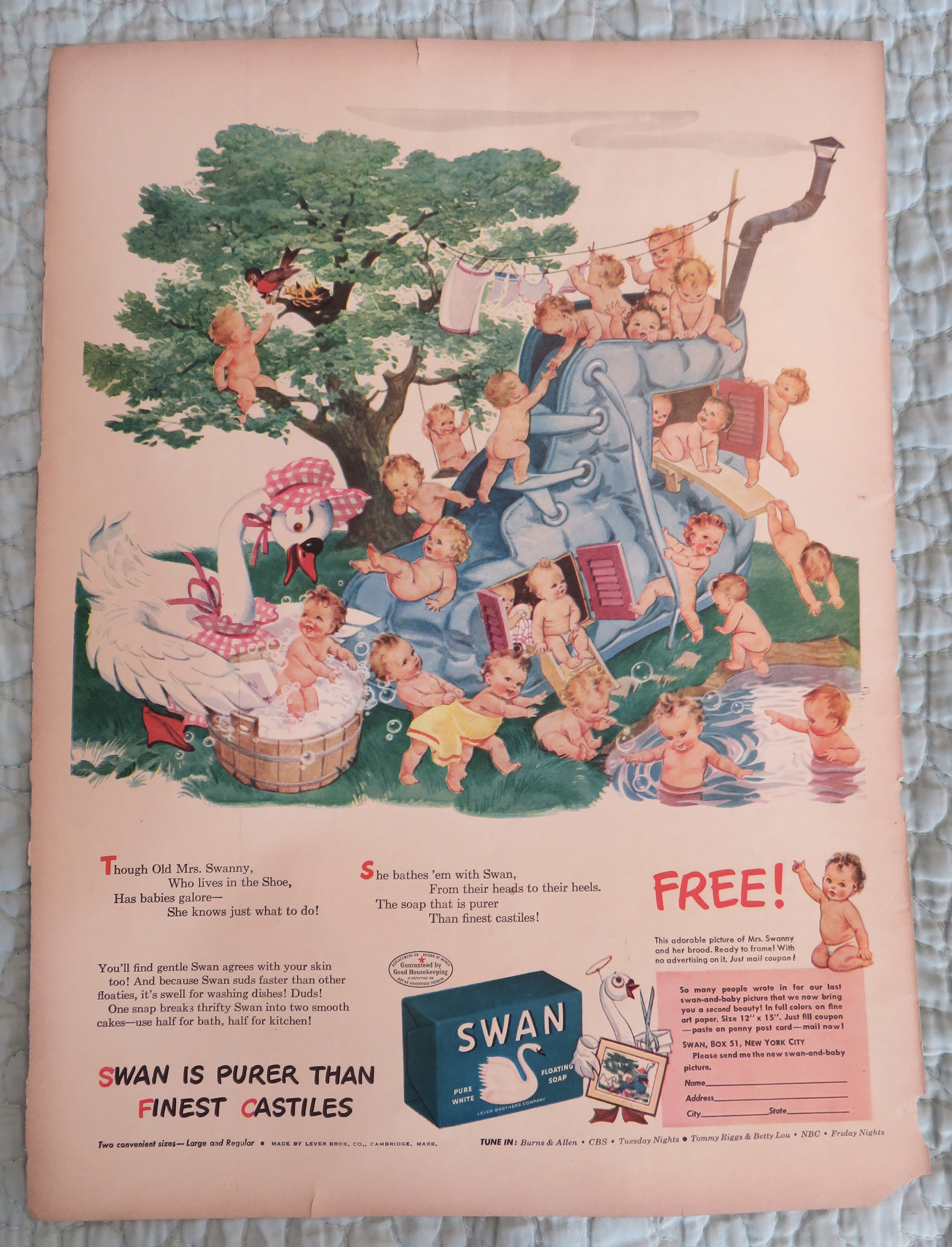 1943 Swan Soap with Babies Playing On A Blue Shoe