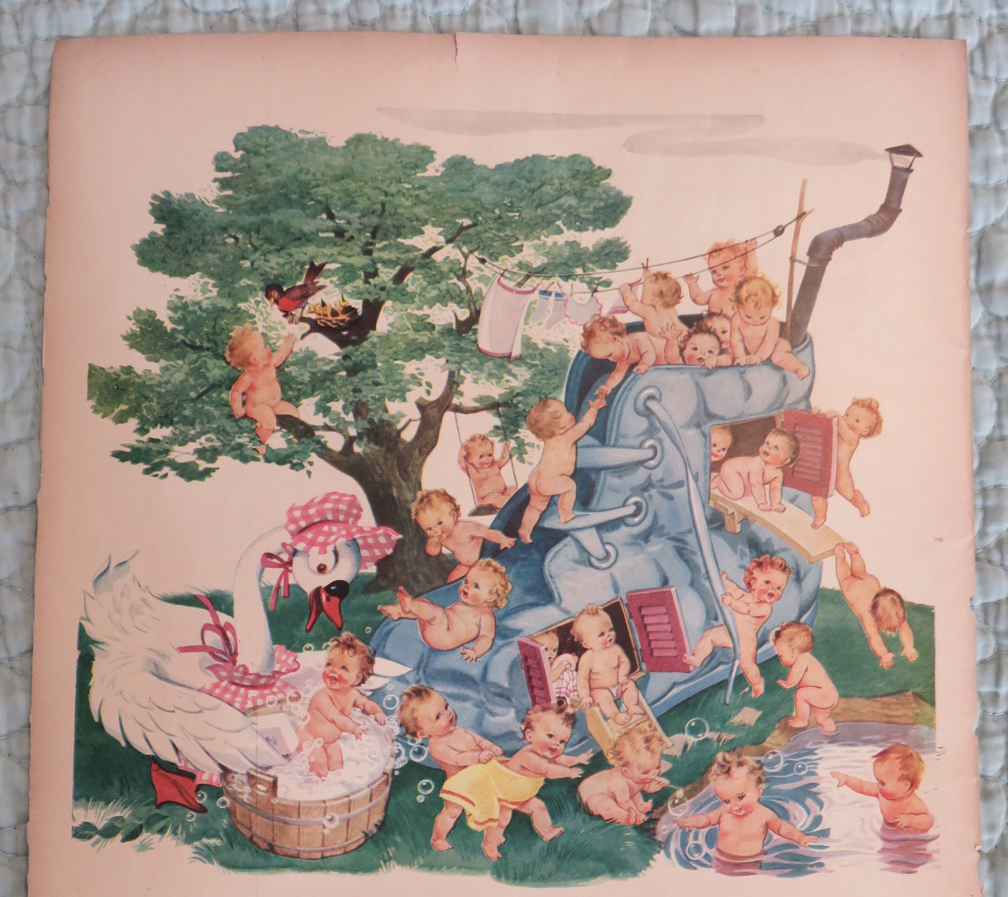 1943 Swan Soap with Babies Playing On A Blue Shoe