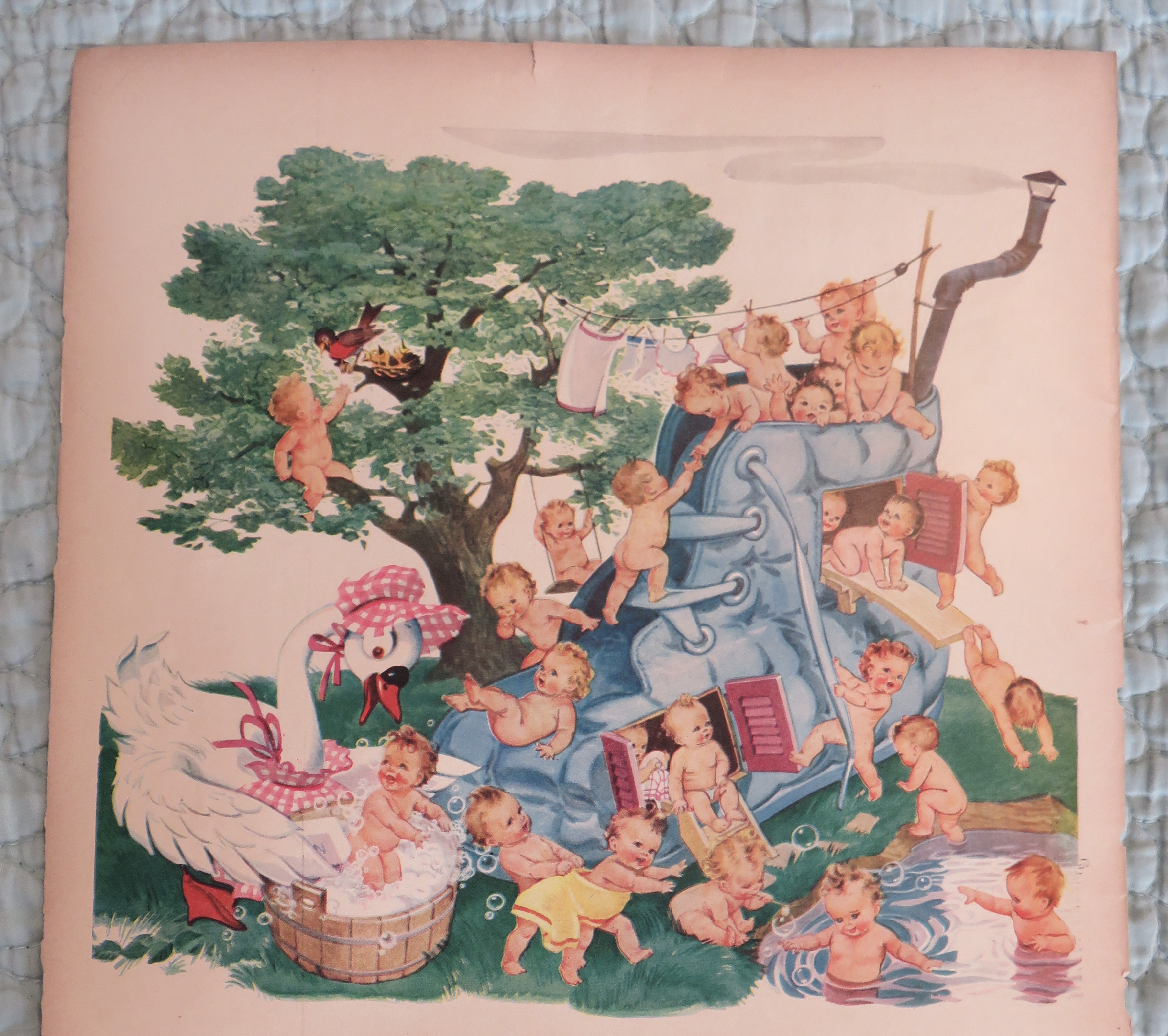 1943 Swan Soap with Babies Playing On A Blue Shoe